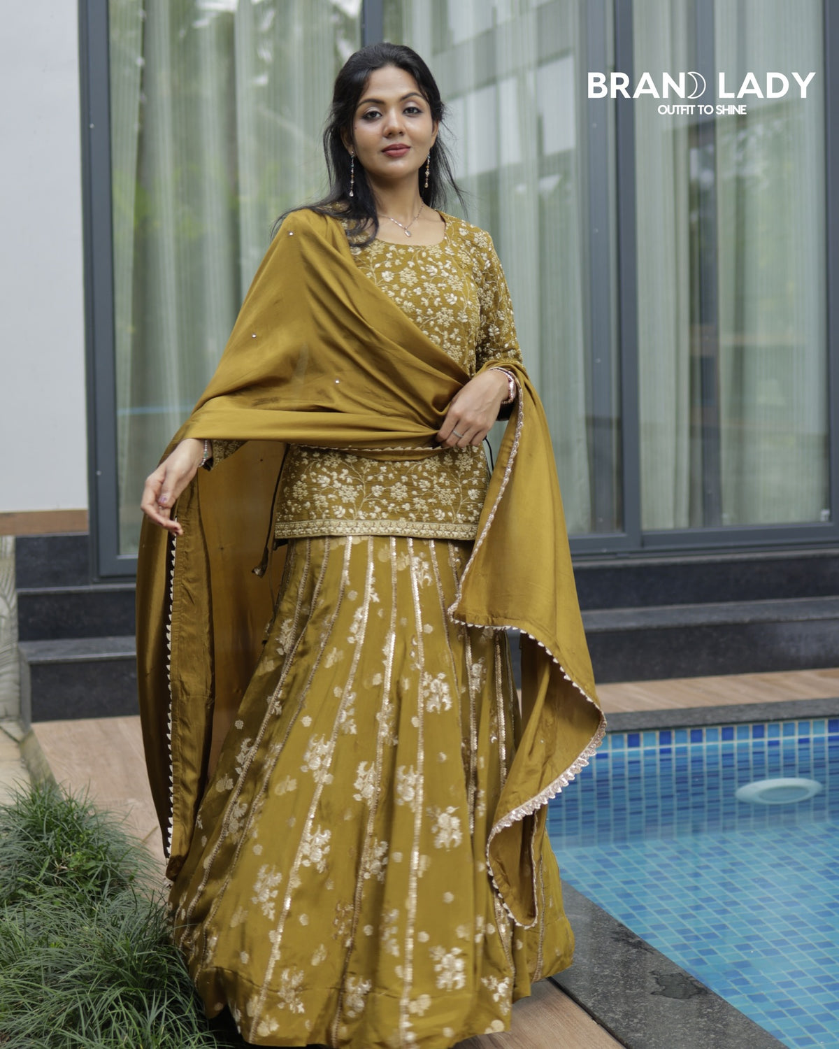 Amber Green Chanderi & Brocade Suit with Lace Work & Dori