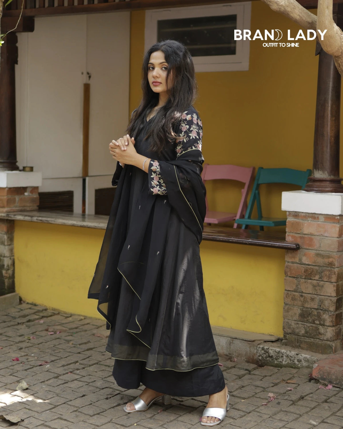 Black Chanderi A-line Suit with Light Peach, Pink & Green Embroidery