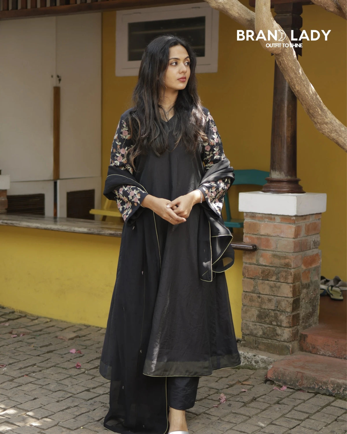 Black Chanderi A-line Suit with Light Peach, Pink & Green Embroidery