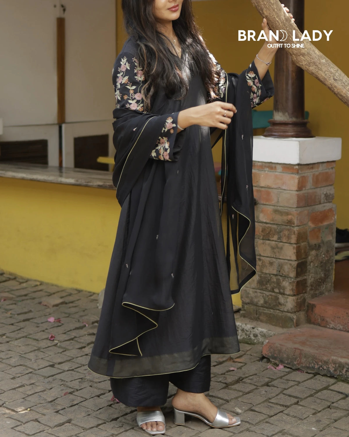 Black Chanderi A-line Suit with Light Peach, Pink & Green Embroidery