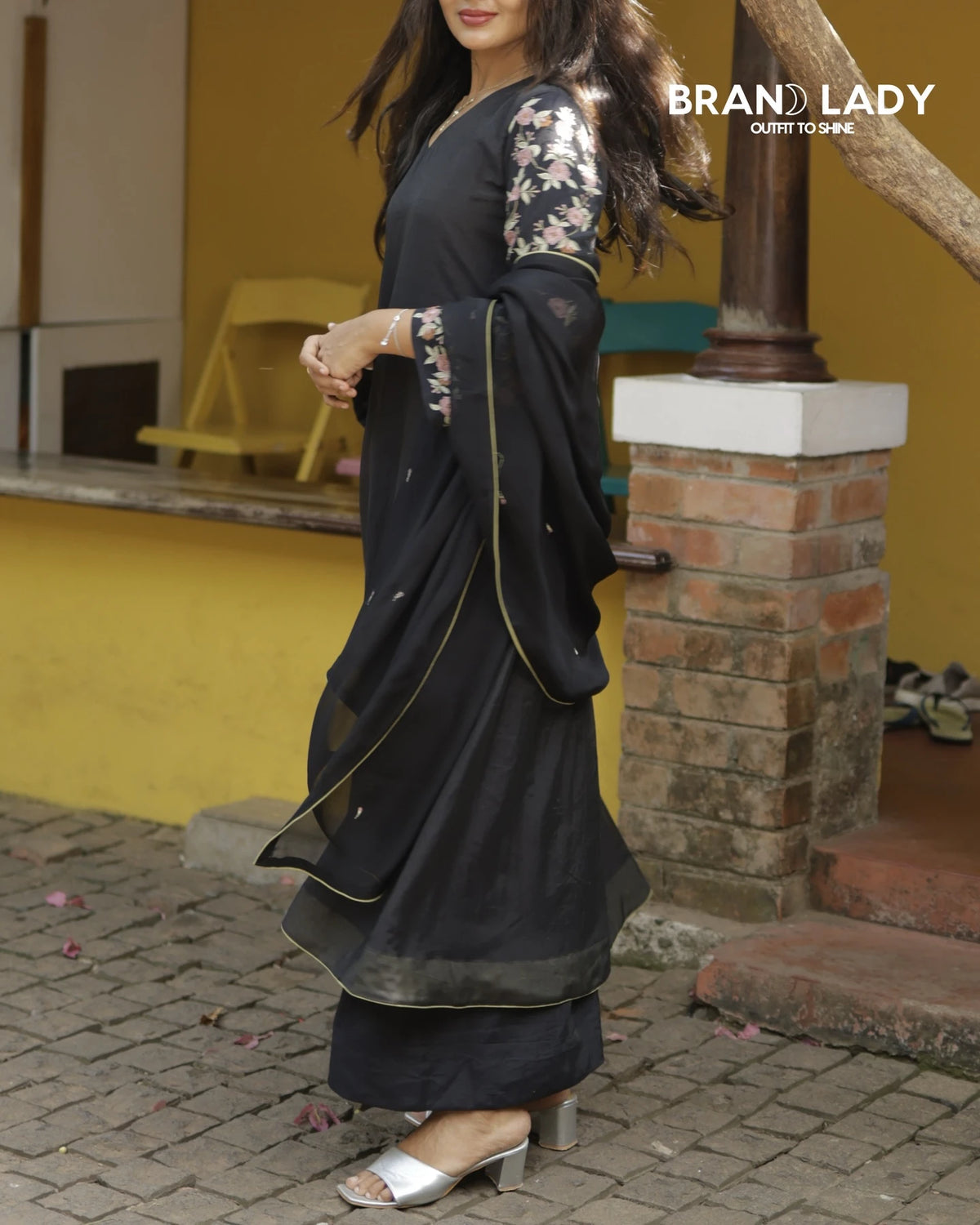 Black Chanderi A-line Suit with Light Peach, Pink & Green Embroidery