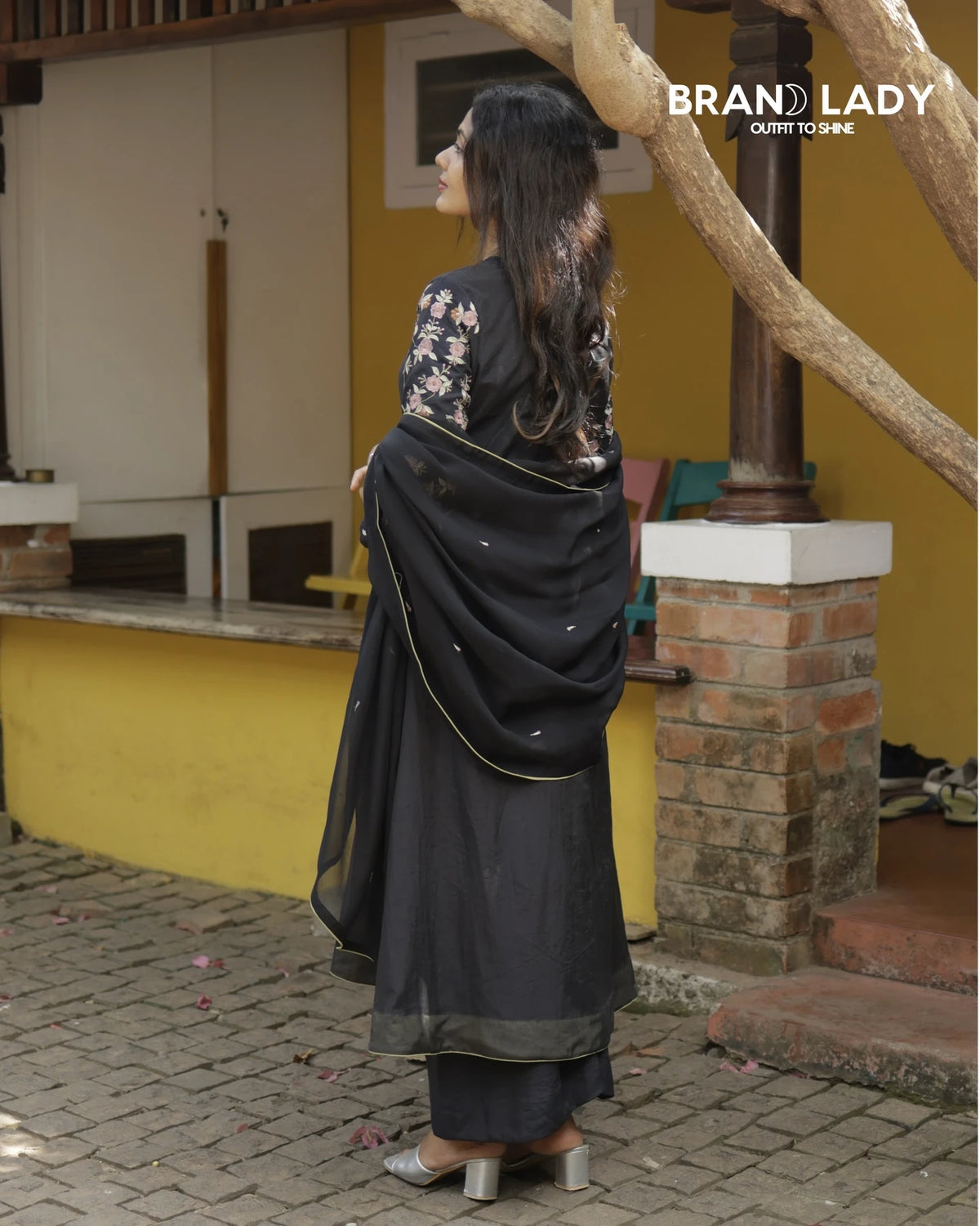 Black Chanderi A-line Suit with Light Peach, Pink & Green Embroidery