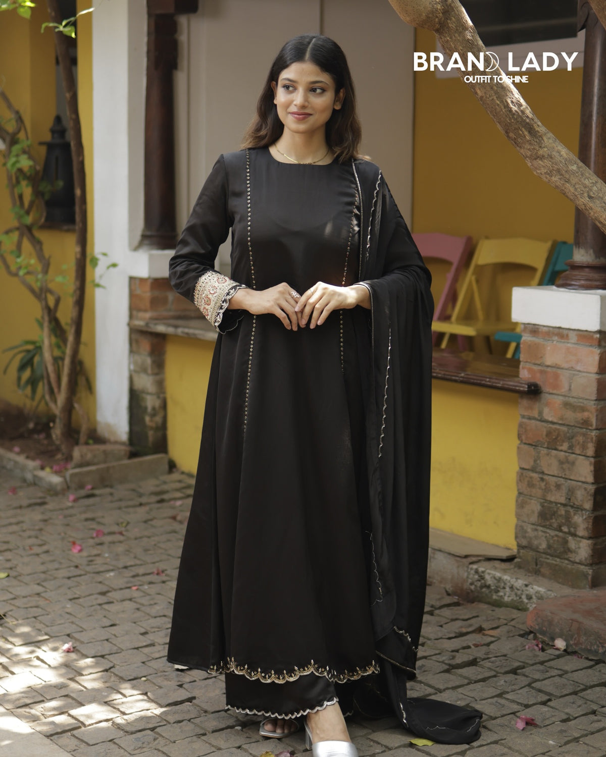 Black Muslin Suit with Gold Zari Embroidery