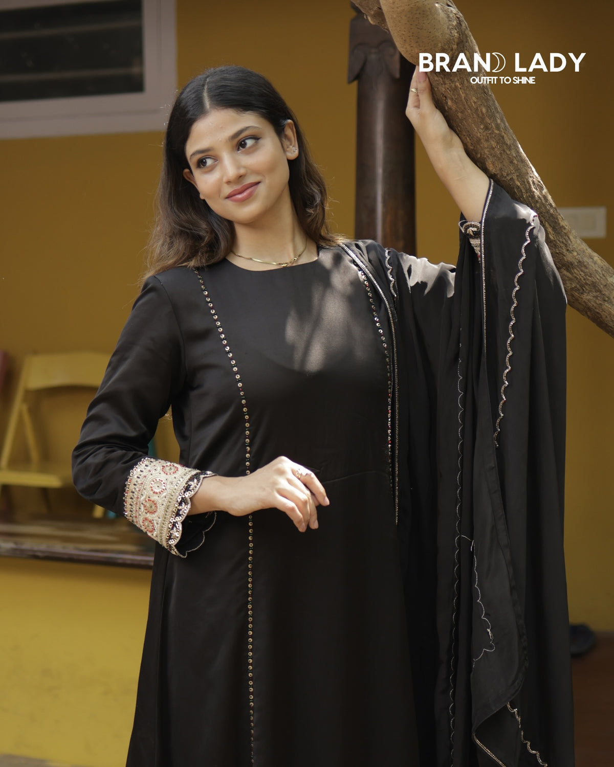 Black Muslin Suit with Gold Zari Embroidery