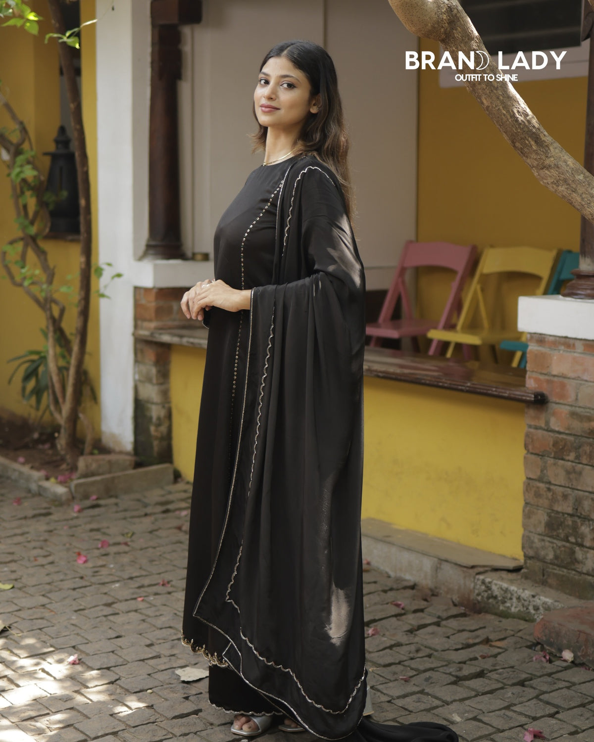 Black Muslin Suit with Gold Zari Embroidery