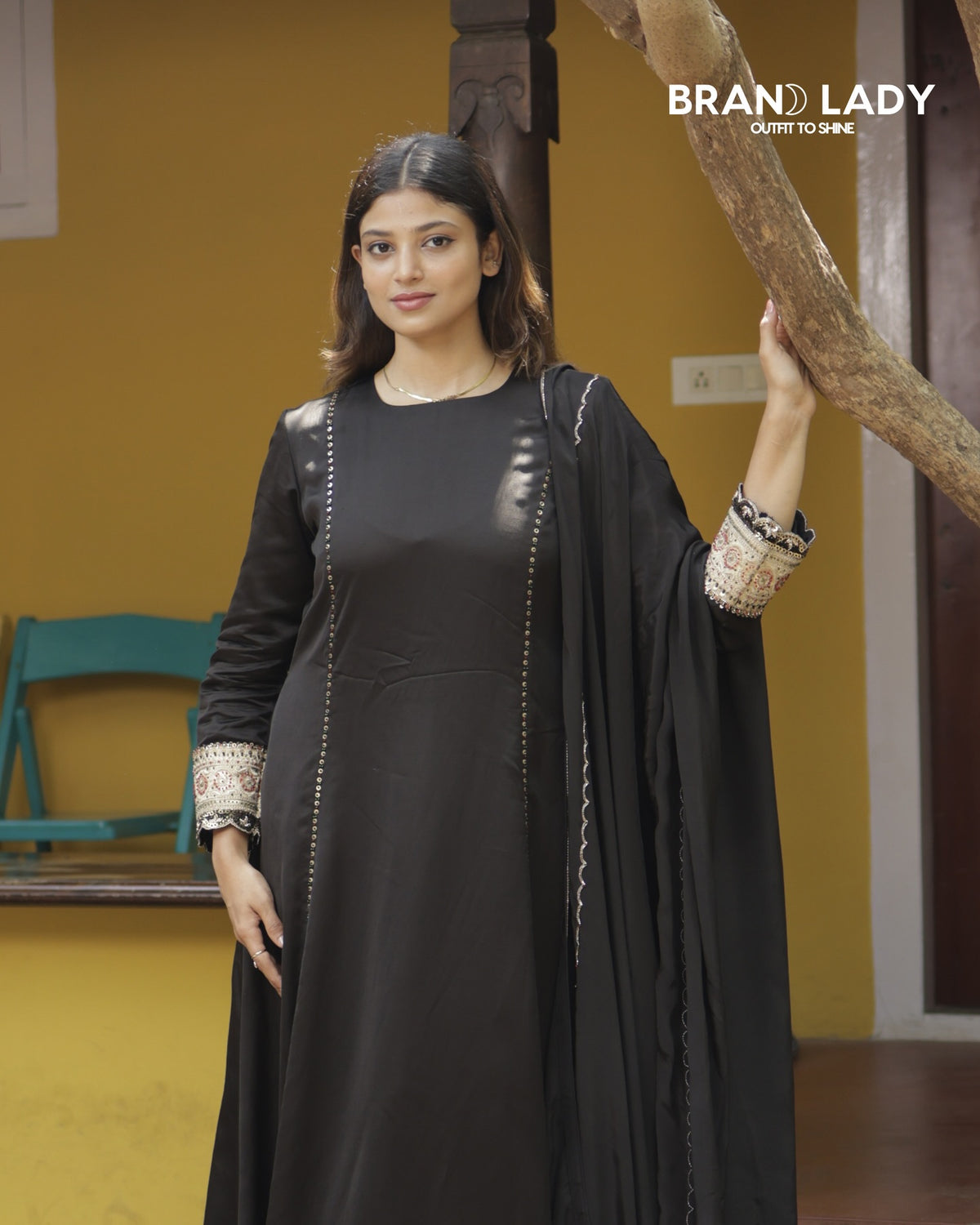 Black Muslin Suit with Gold Zari Embroidery