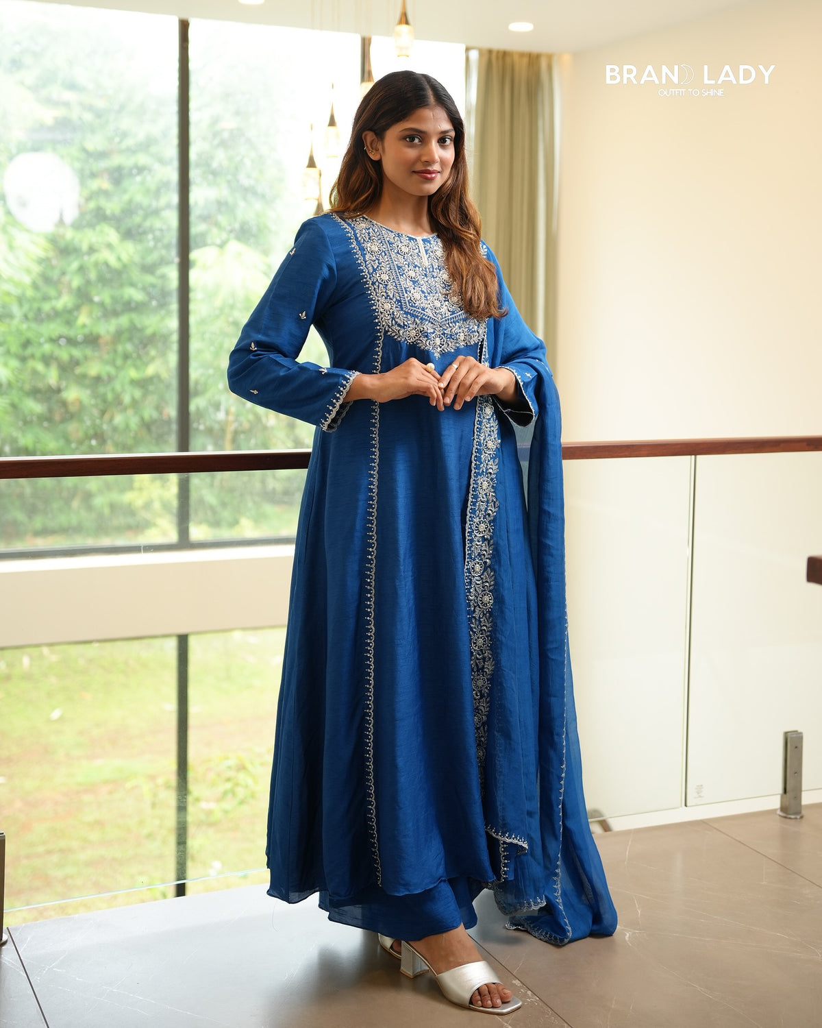 Blue Sapphire Dola Silk Salwar Set with Silver Embroidery