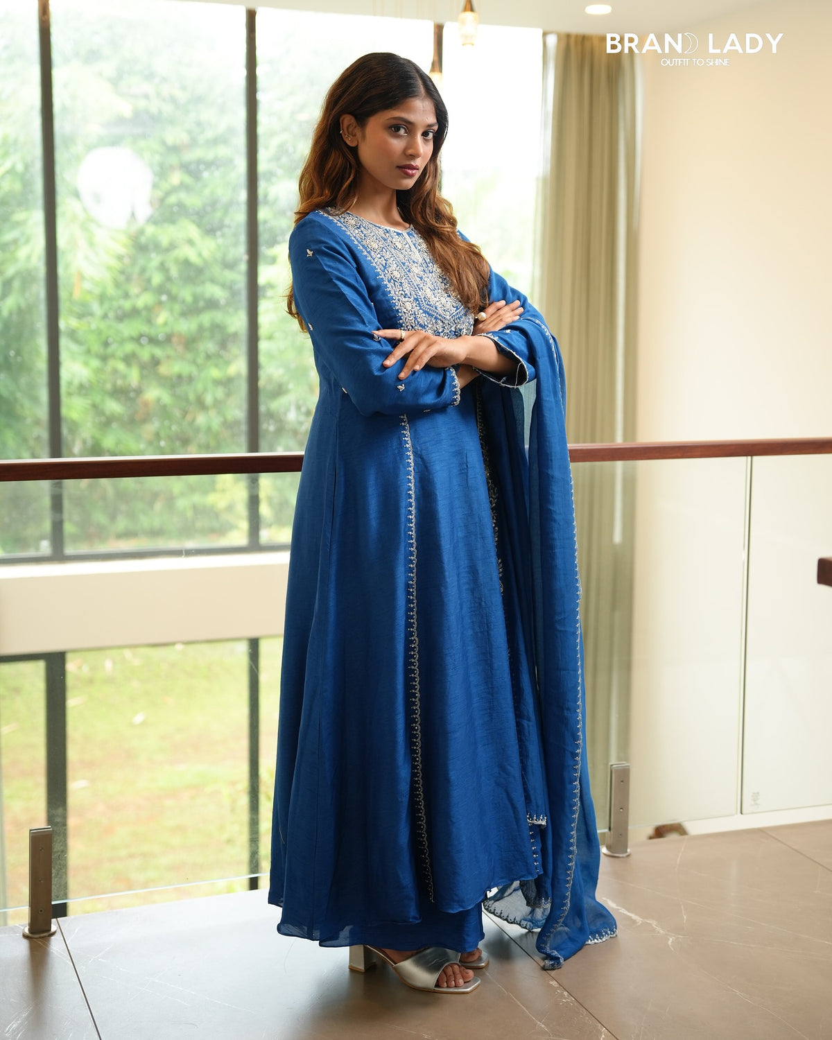 Blue Sapphire Dola Silk Salwar Set with Silver Embroidery