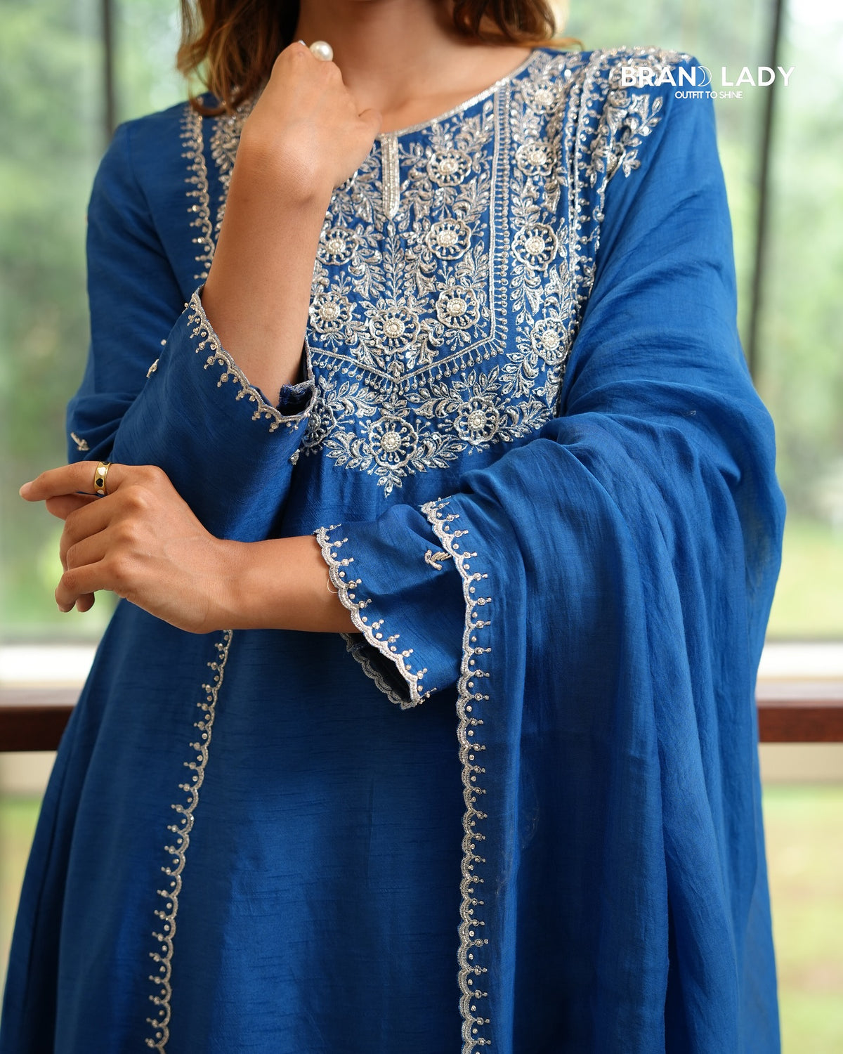 Blue Sapphire Dola Silk Salwar Set with Silver Embroidery