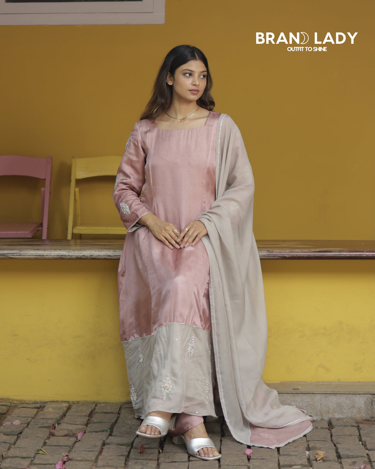 Blush Pink & Dove Grey Organza A-line Suit with Silver Handwork