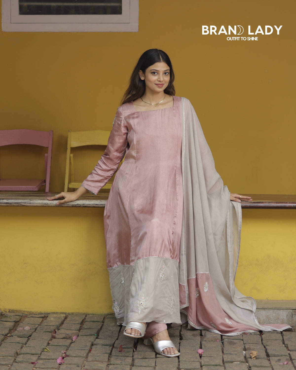 Blush Pink & Dove Grey Organza A-line Suit with Silver Handwork