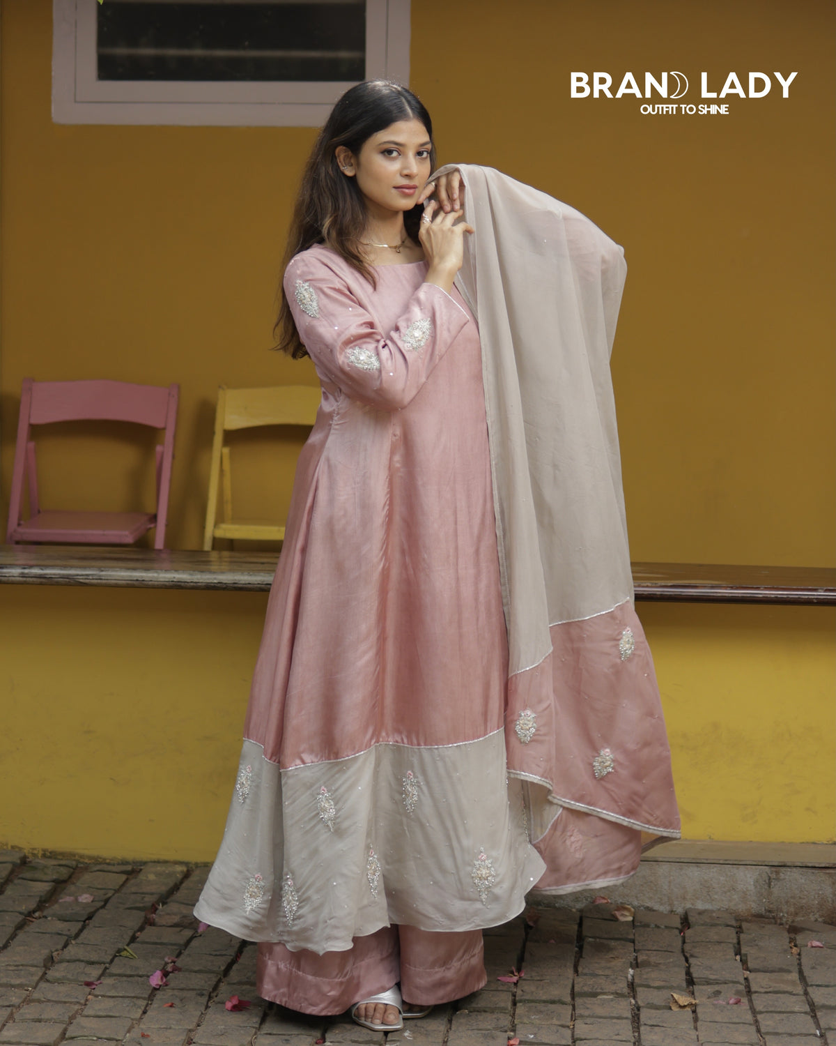 Blush Pink & Dove Grey Organza A-line Suit with Silver Handwork