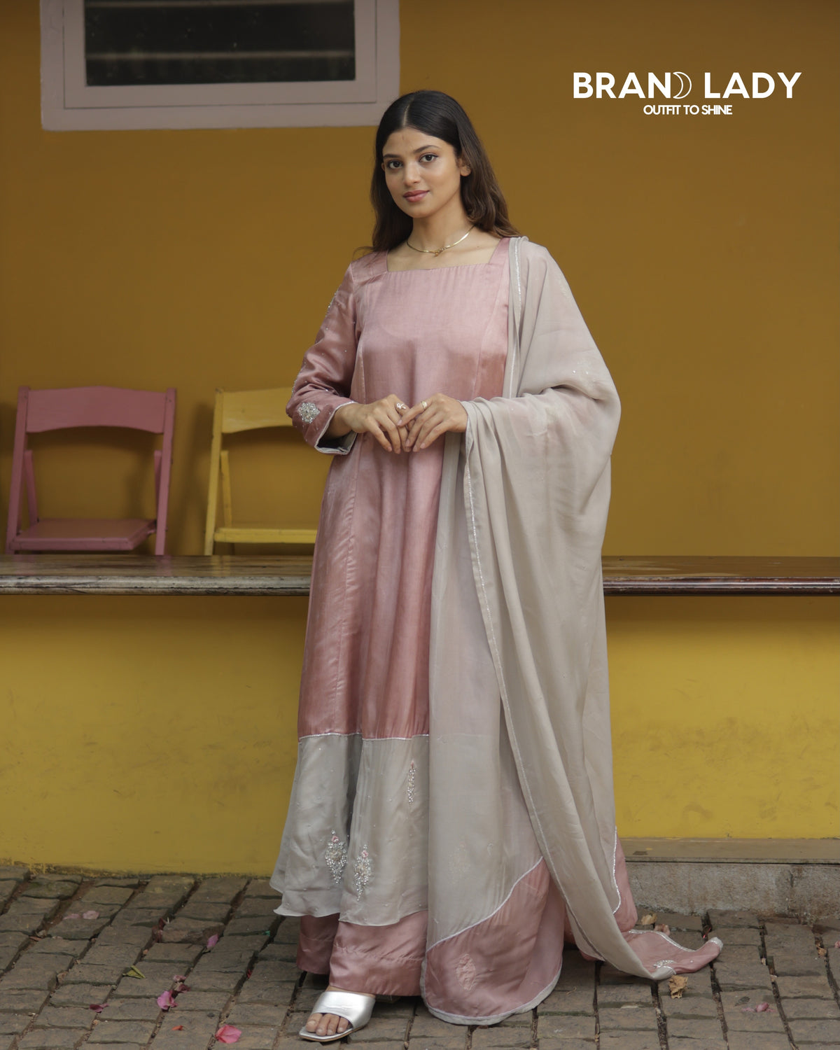 Blush Pink & Dove Grey Organza A-line Suit with Silver Handwork