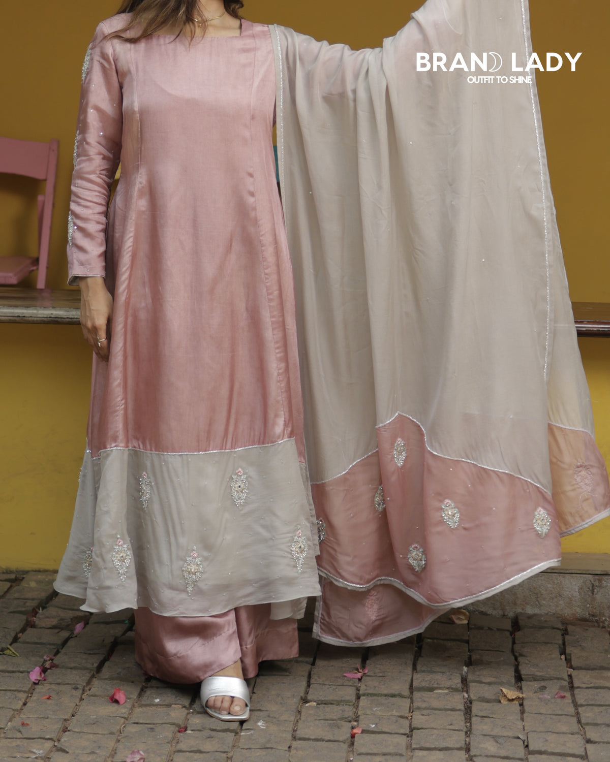 Blush Pink & Dove Grey Organza A-line Suit with Silver Handwork