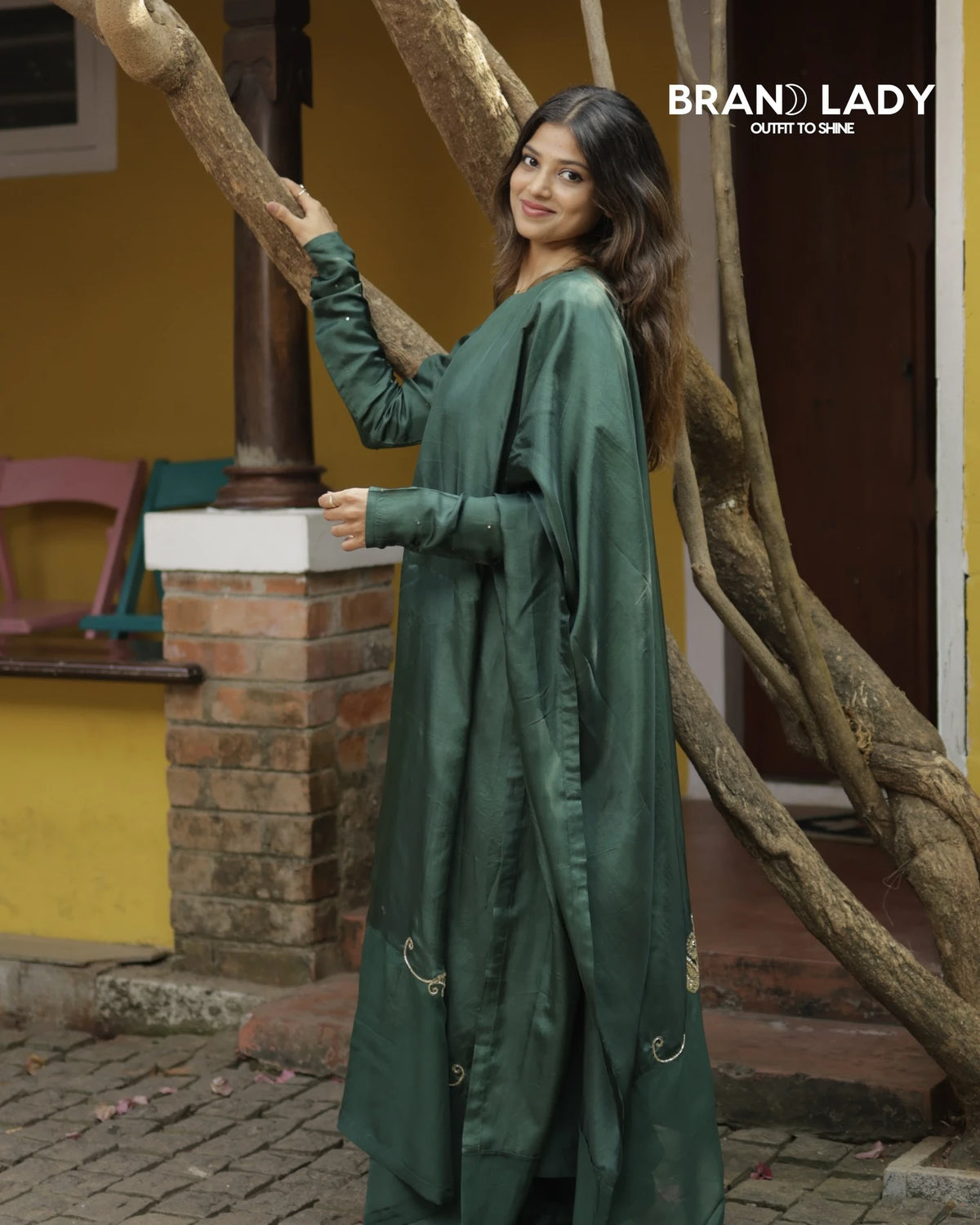 Dark Bottle Green Upada Silk & Organza A-line Suit with Gold Handwork