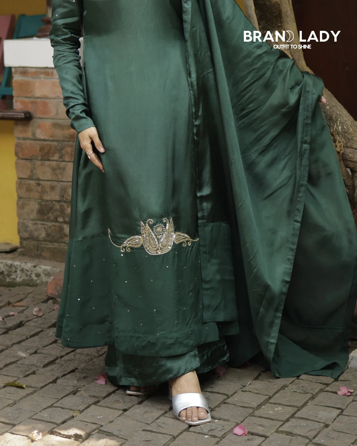 Dark Bottle Green Upada Silk & Organza A-line Suit with Gold Handwork