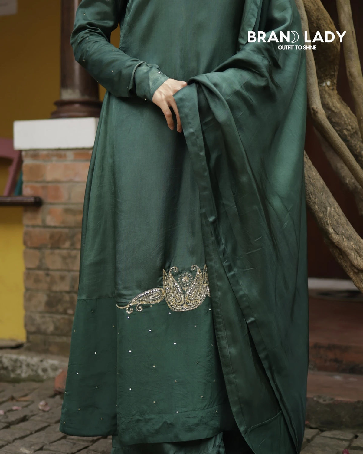 Dark Bottle Green Upada Silk & Organza A-line Suit with Gold Handwork