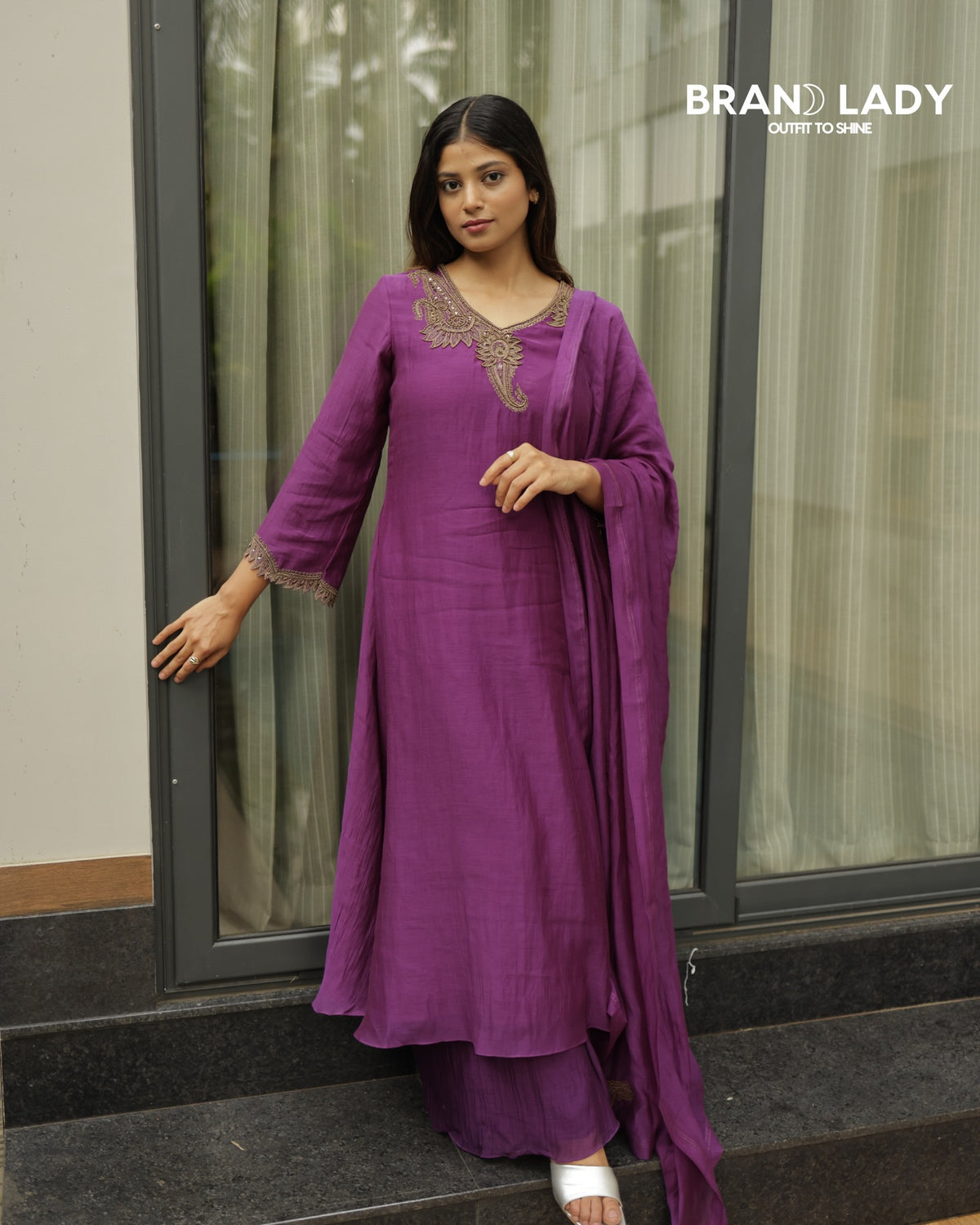 Dark Dusty Mauve Chanderi A-line Suit with Antique Gold Embroidery