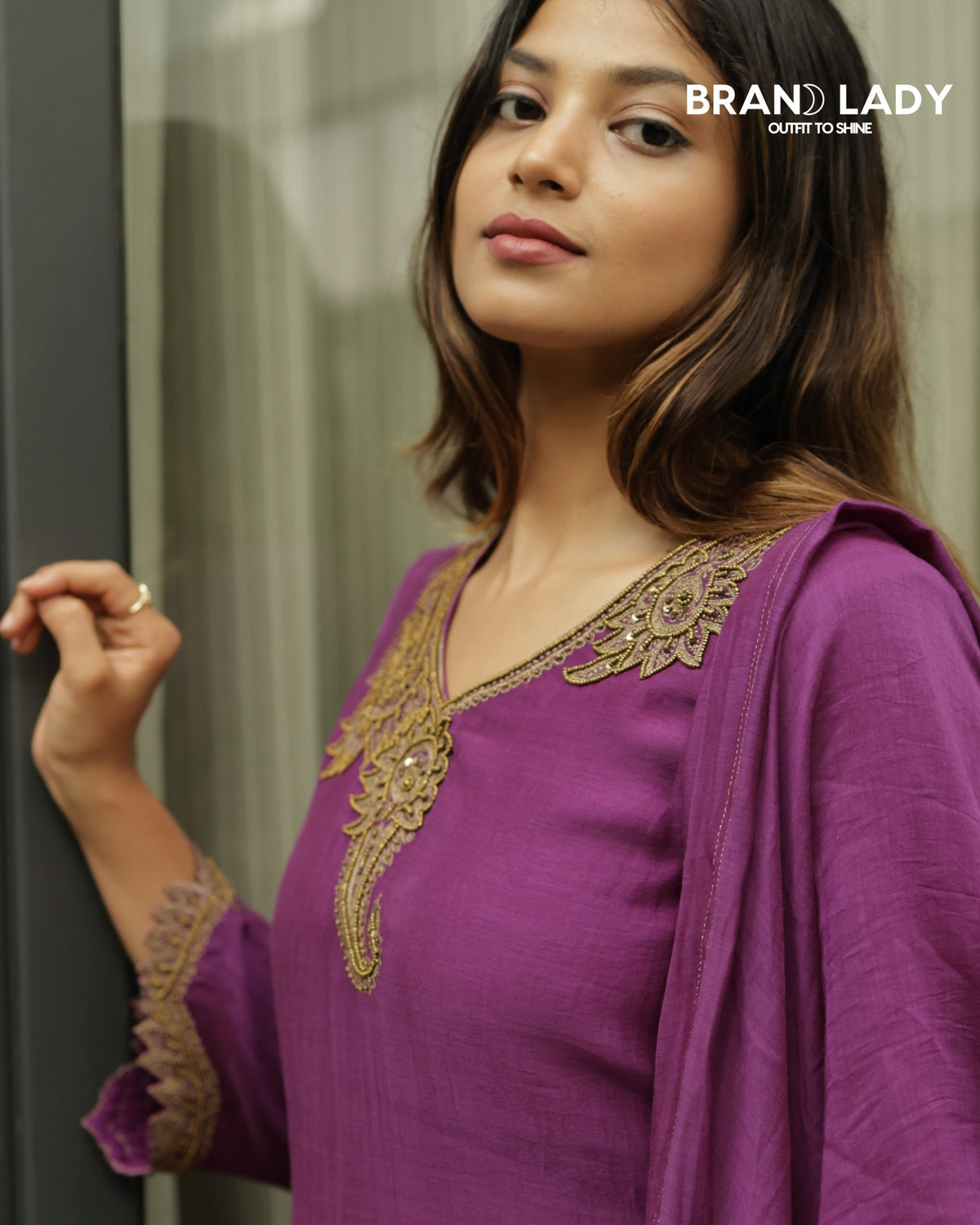 Dark Dusty Mauve Chanderi A-line Suit with Antique Gold Embroidery