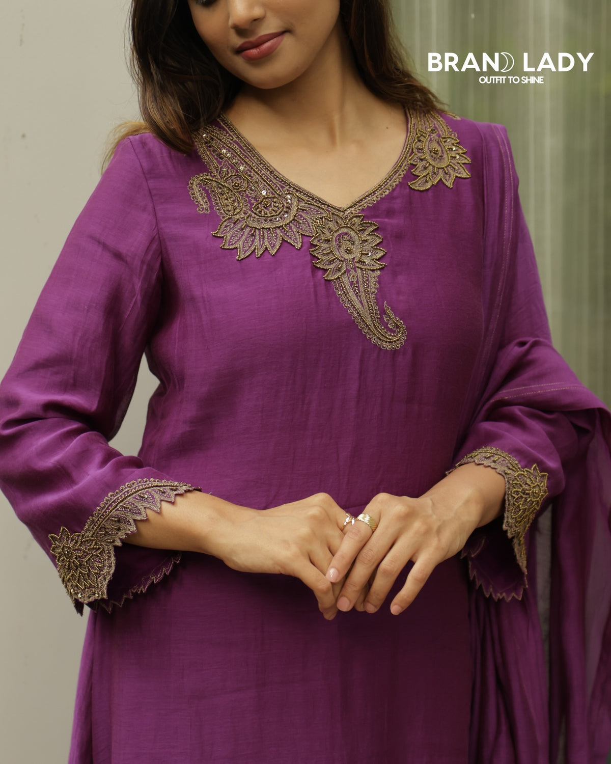 Dark Dusty Mauve Chanderi A-line Suit with Antique Gold Embroidery