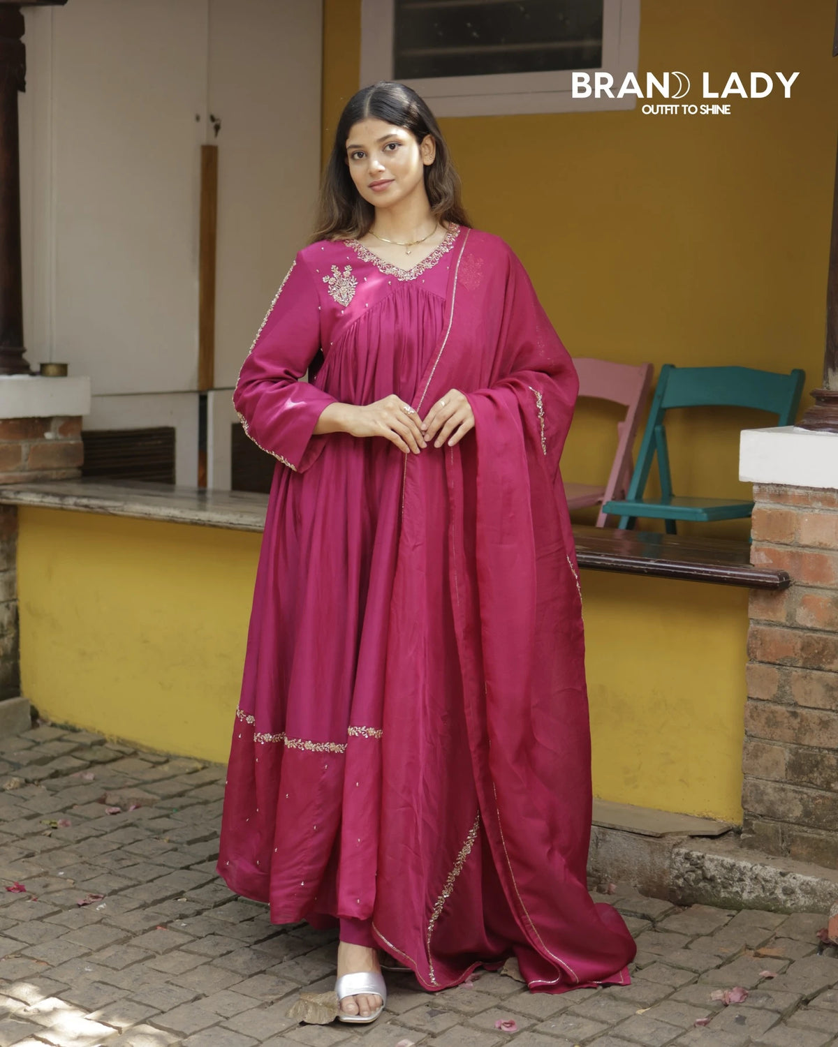 Dark Magenta Chanderi & Organza Suit with Gold Handwork