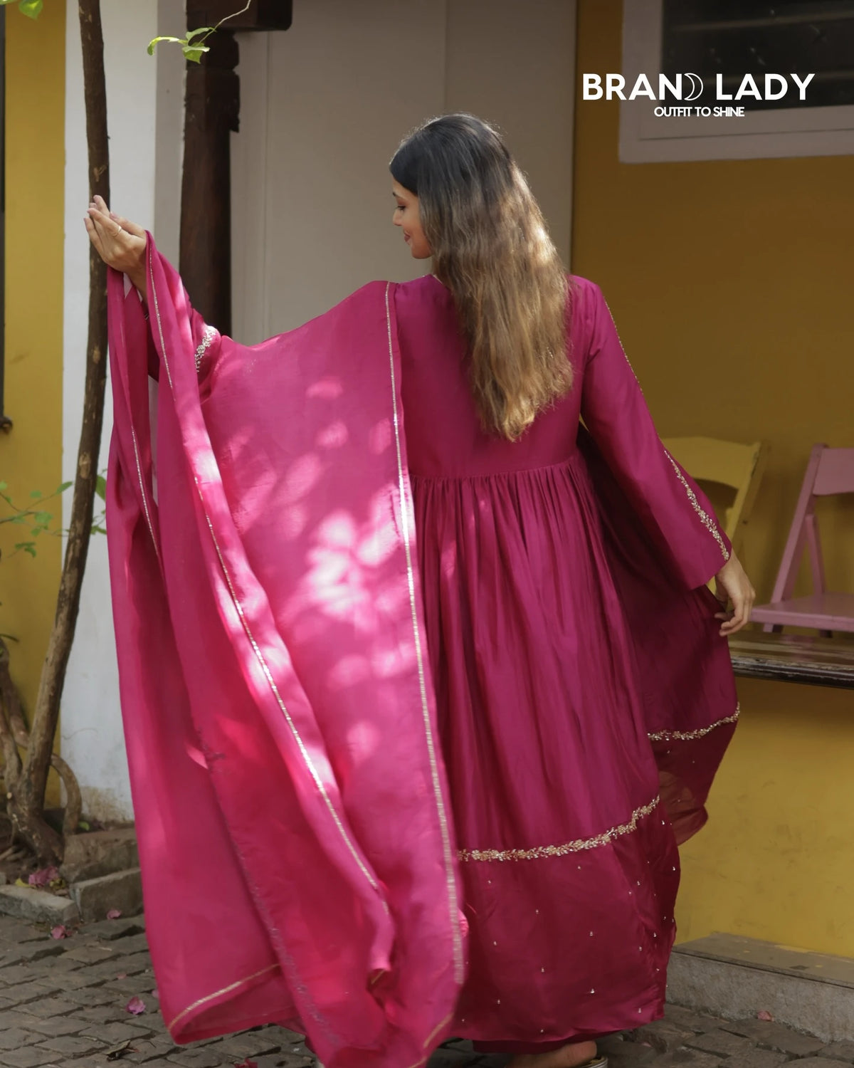 Dark Magenta Chanderi & Organza Suit with Gold Handwork
