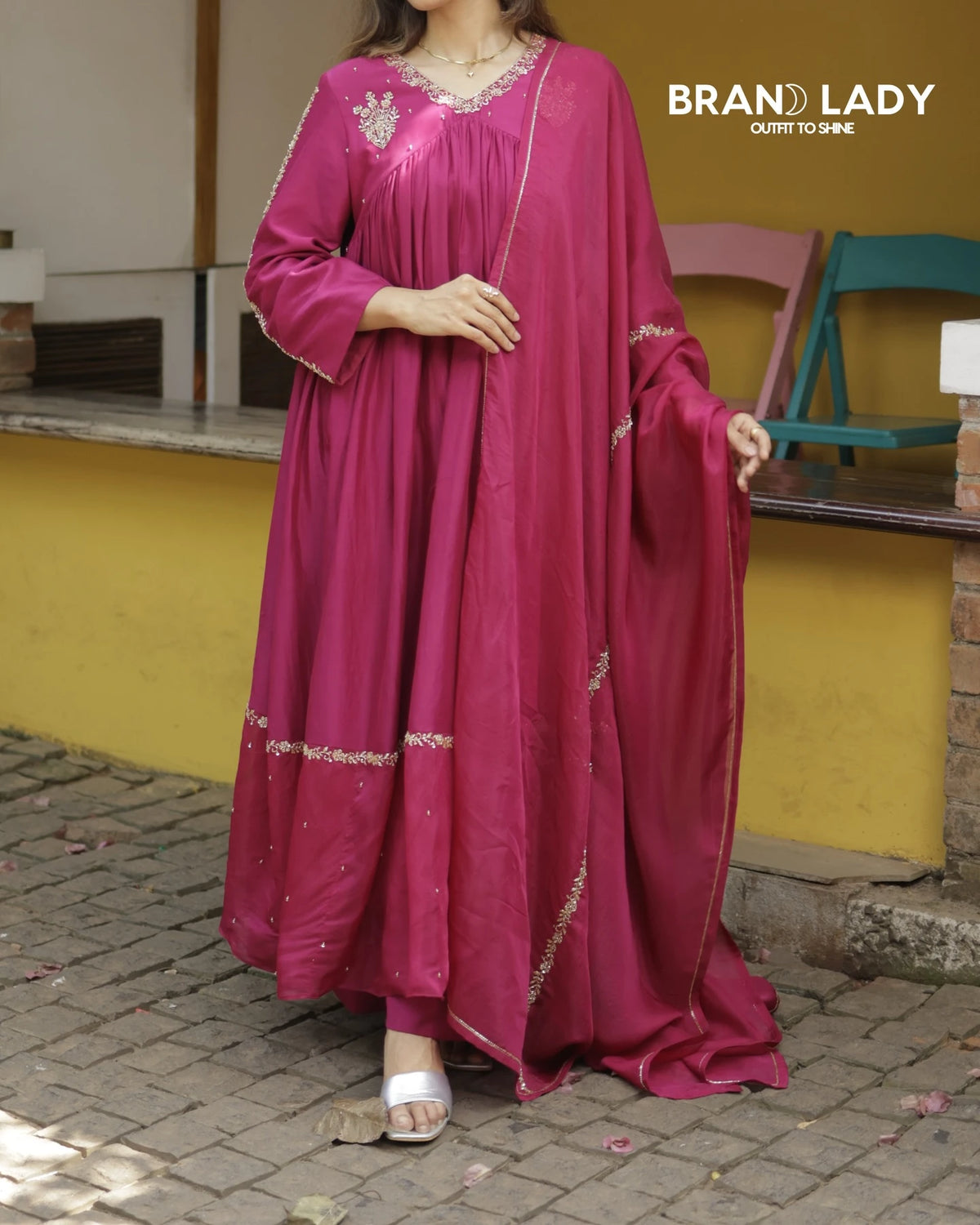 Dark Magenta Chanderi & Organza Suit with Gold Handwork