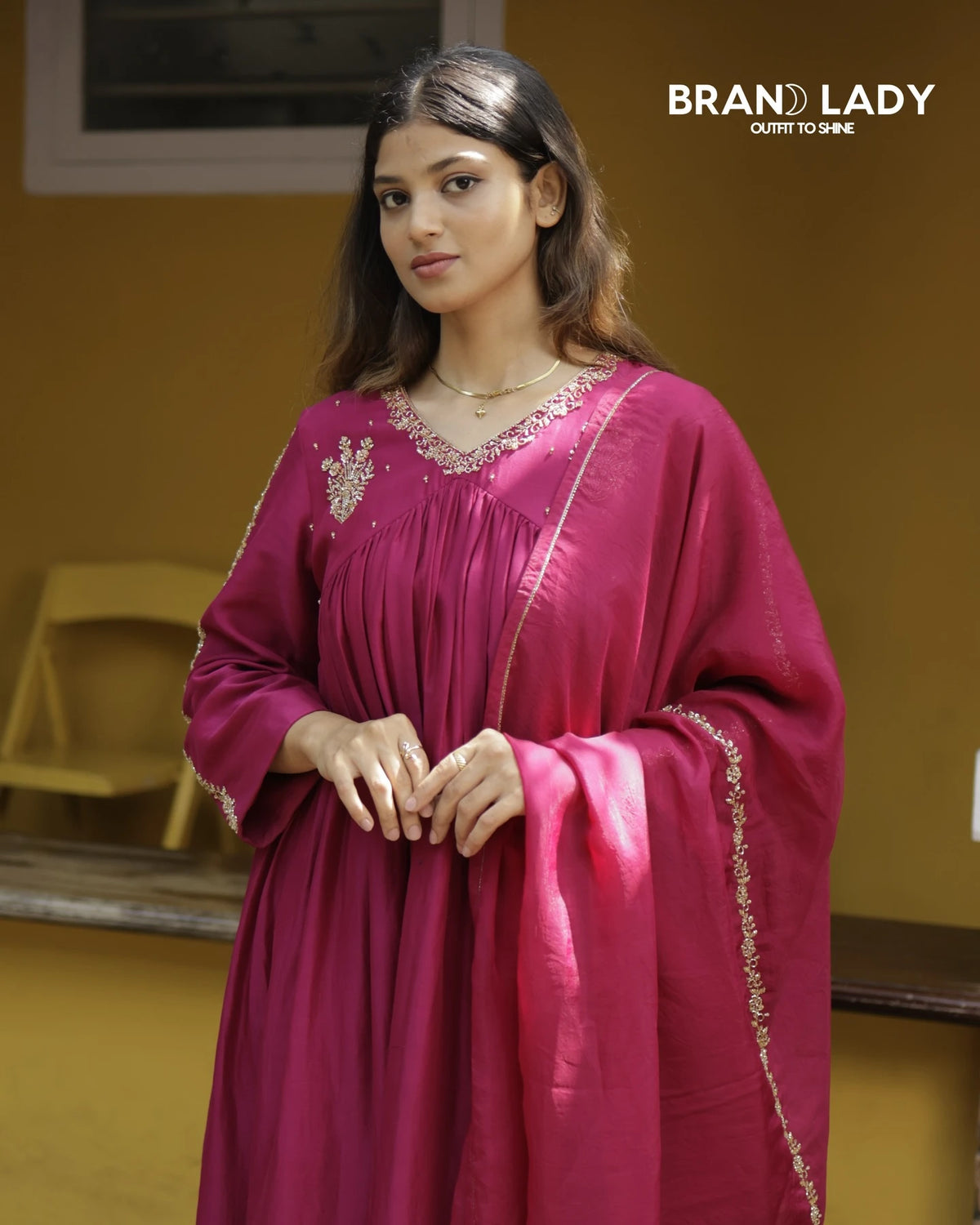 Dark Magenta Chanderi & Organza Suit with Gold Handwork