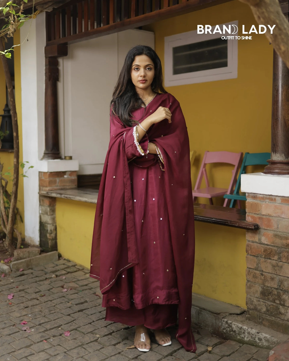 Dark Maroon Upada Silk A-line Suit with White & Gold Handwork