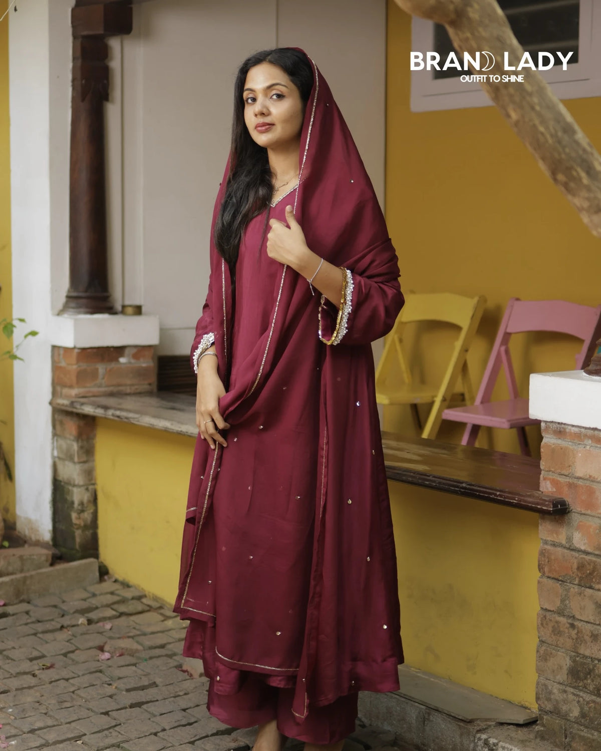 Dark Maroon Upada Silk A-line Suit with White & Gold Handwork