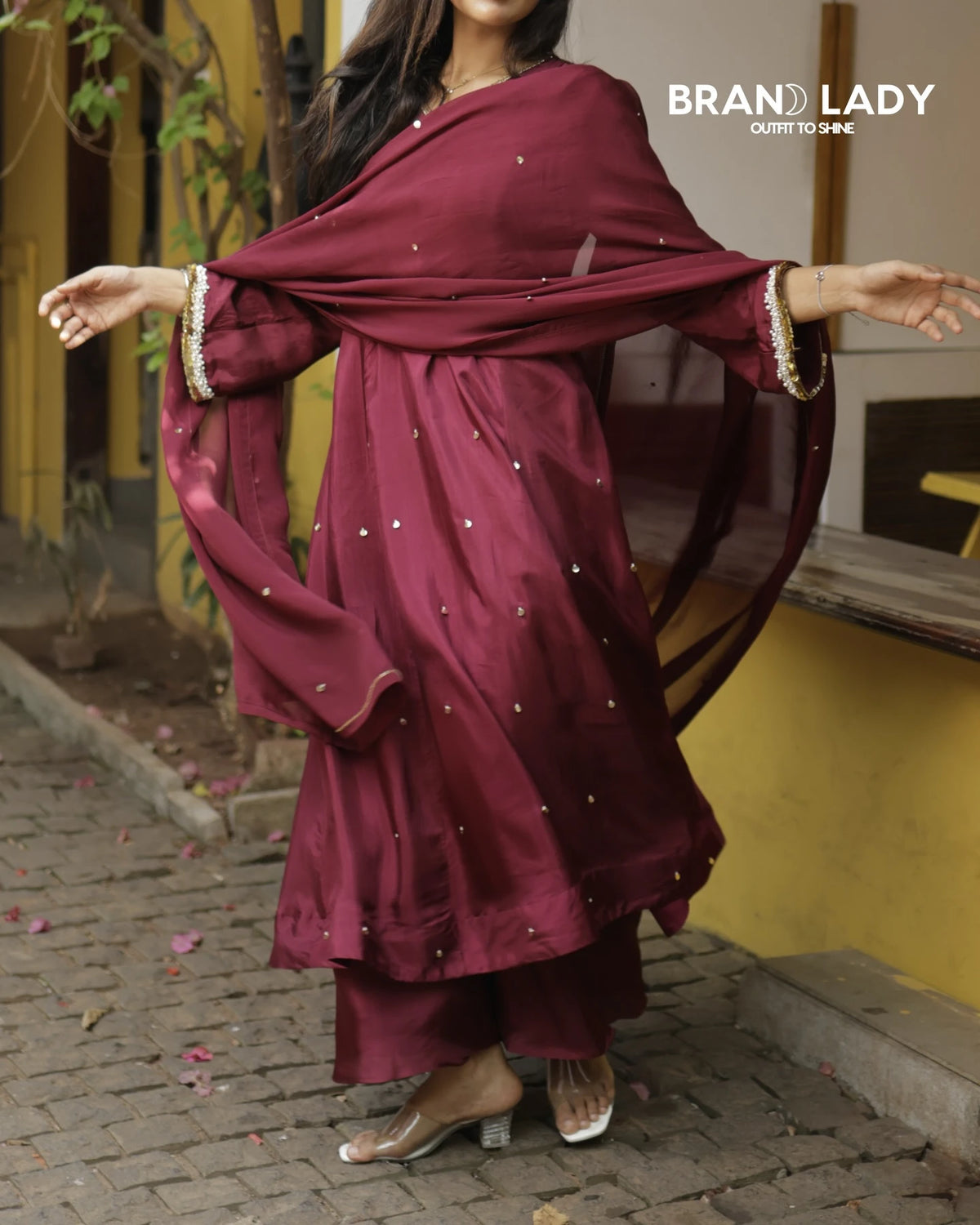Dark Maroon Upada Silk A-line Suit with White & Gold Handwork