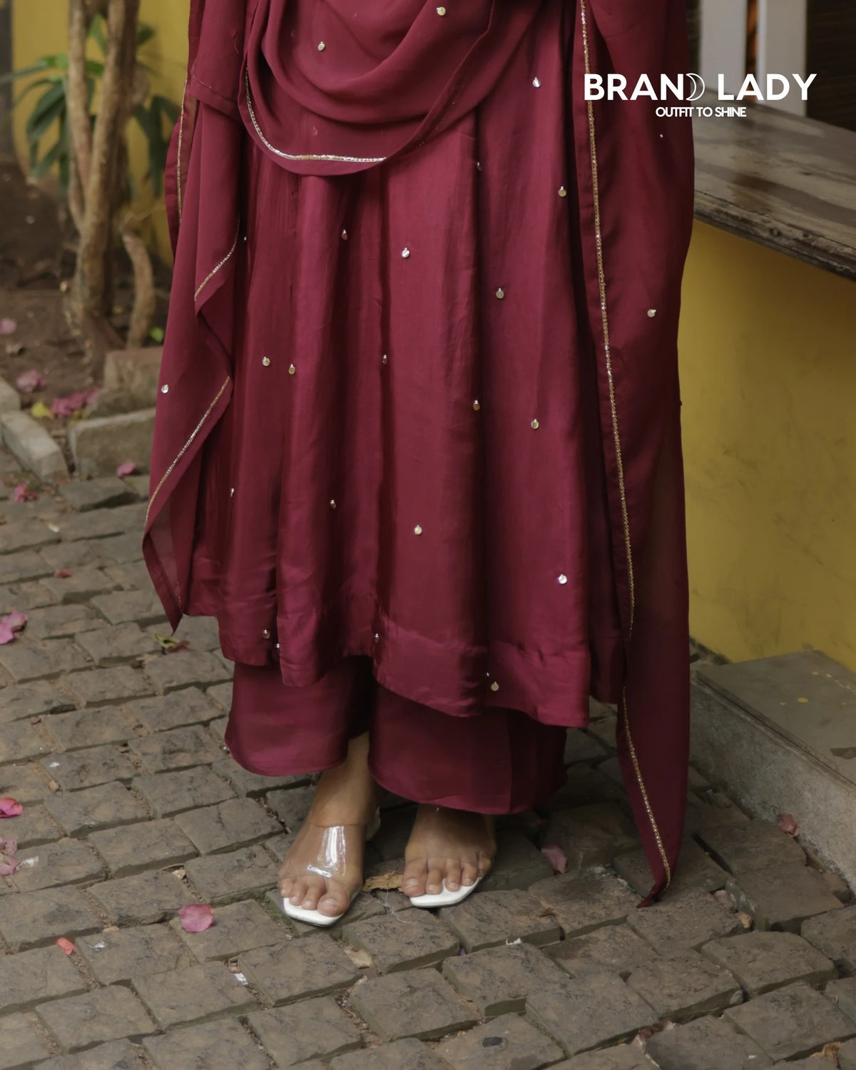 Dark Maroon Upada Silk A-line Suit with White & Gold Handwork