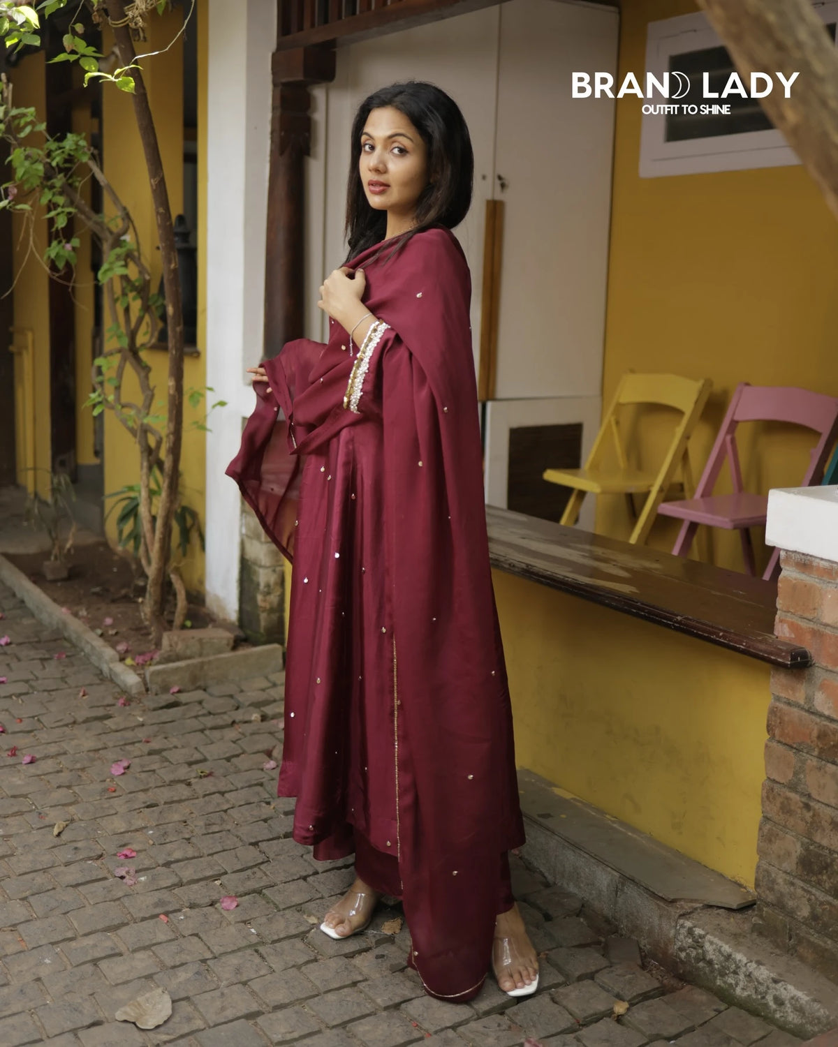 Dark Maroon Upada Silk A-line Suit with White & Gold Handwork