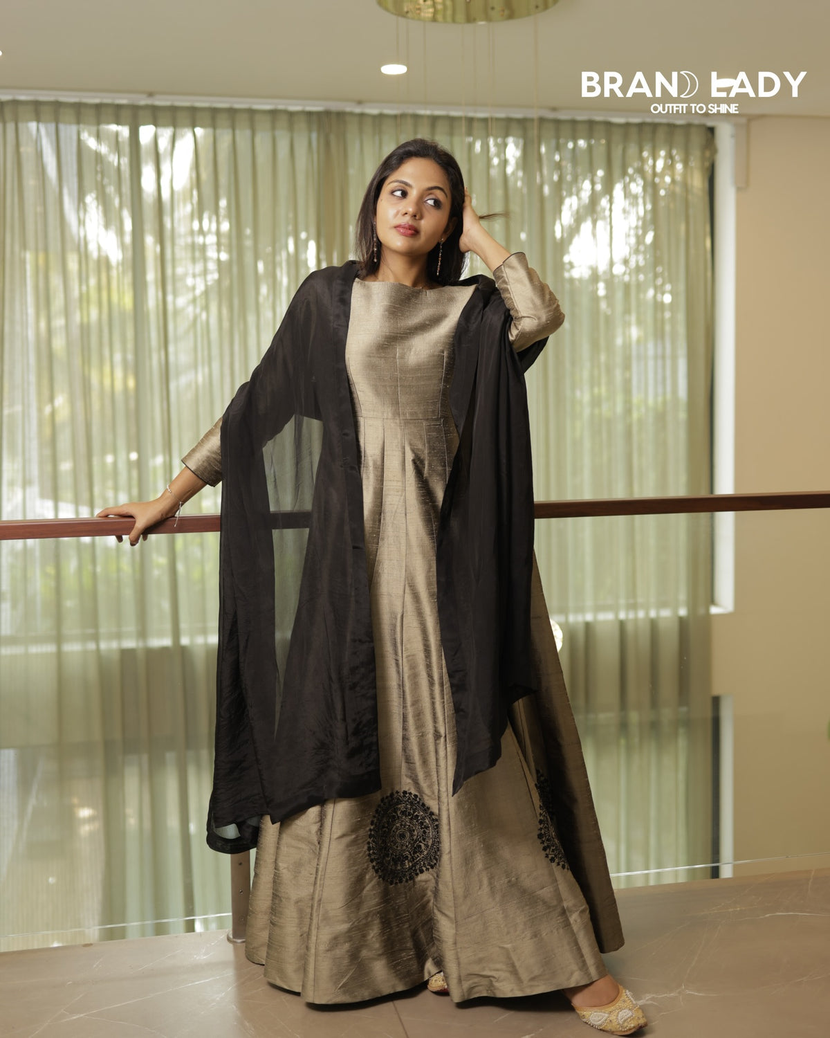 Dark Mushroom Dola Silk Yoke Frock with Jet Black Embroidery