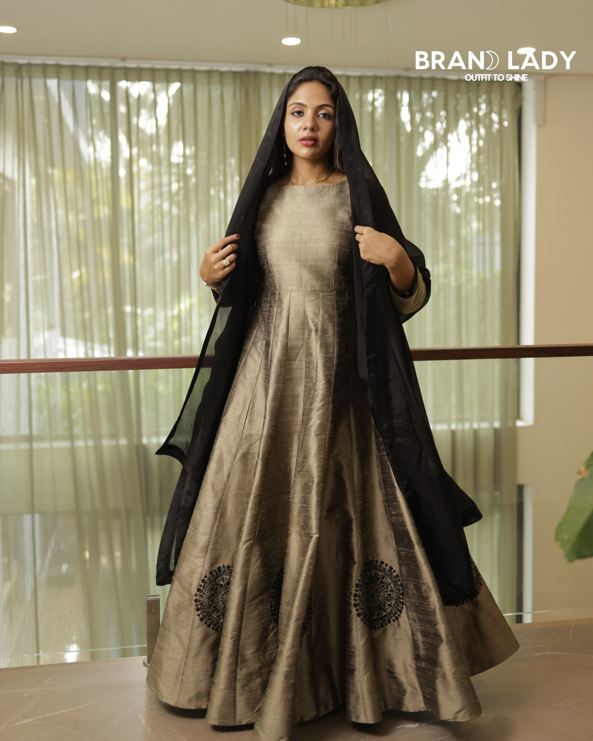 Dark Mushroom Dola Silk Yoke Frock with Jet Black Embroidery