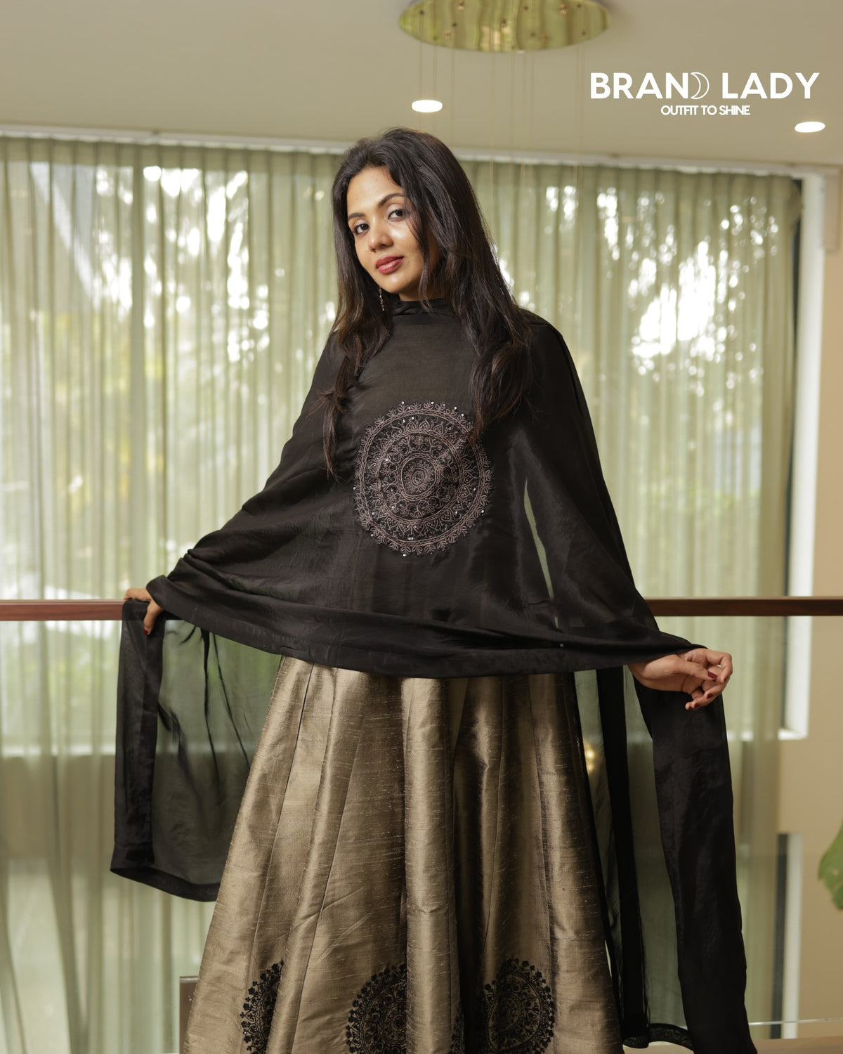 Dark Mushroom Dola Silk Yoke Frock with Jet Black Embroidery