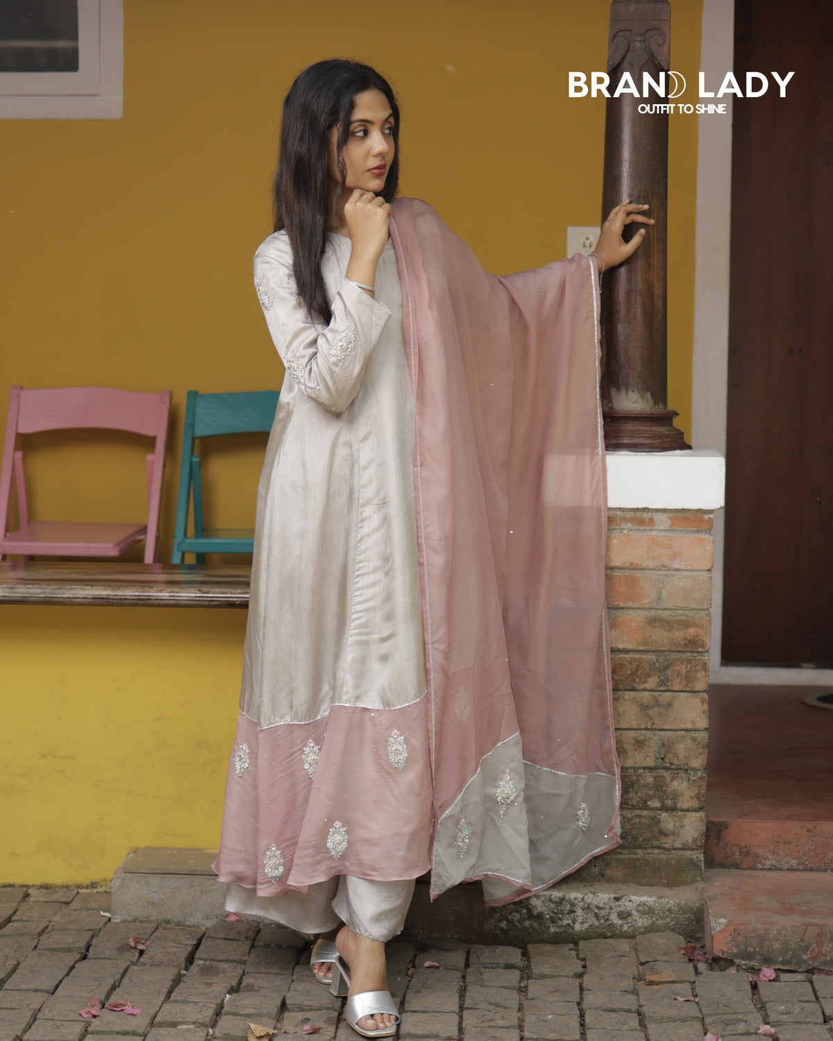 Dove Grey & Blush Pink A-line Suit with Silver Handwork