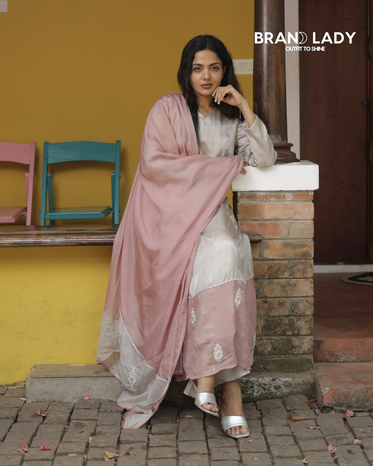 Dove Grey & Blush Pink A-line Suit with Silver Handwork