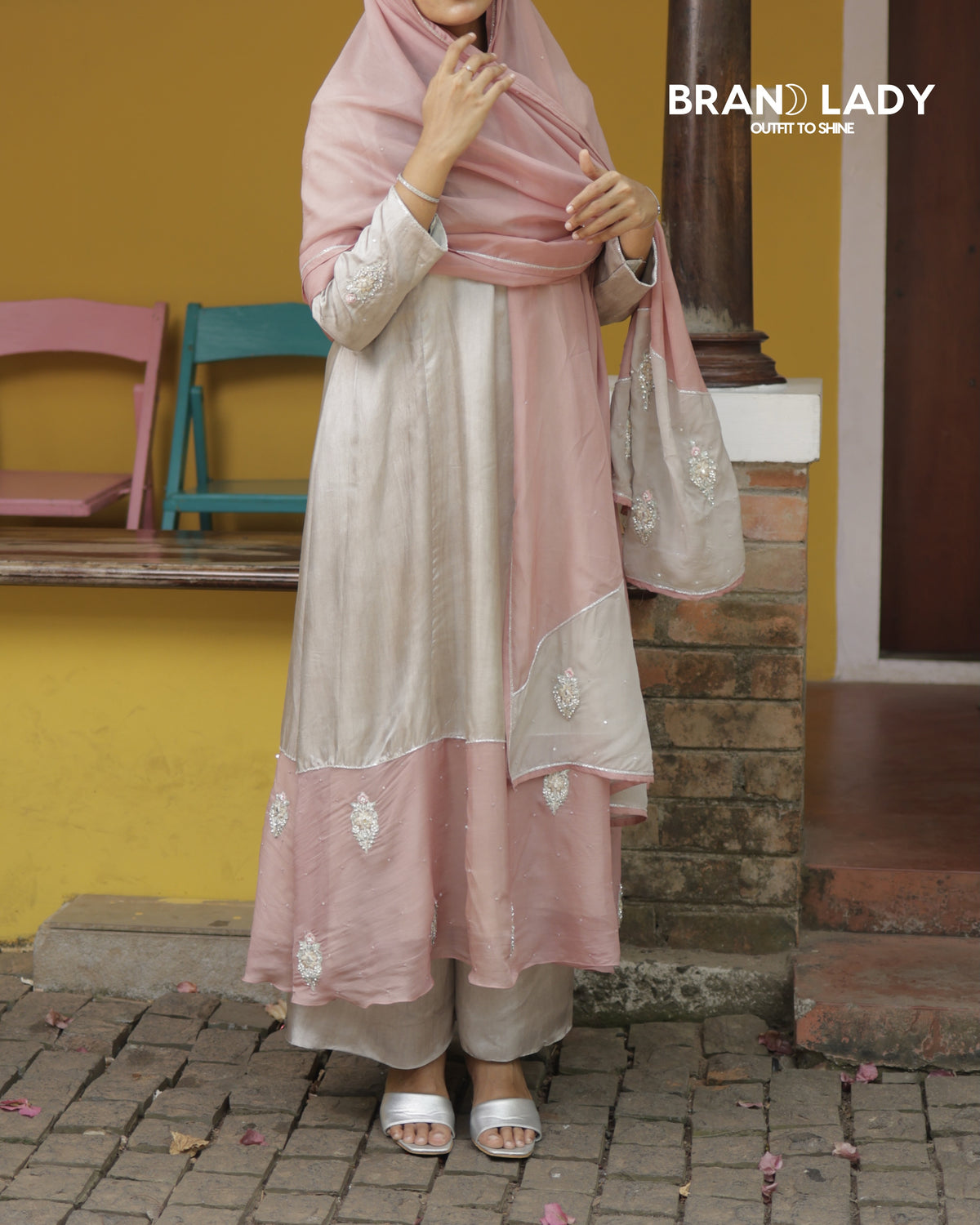 Dove Grey & Blush Pink A-line Suit with Silver Handwork