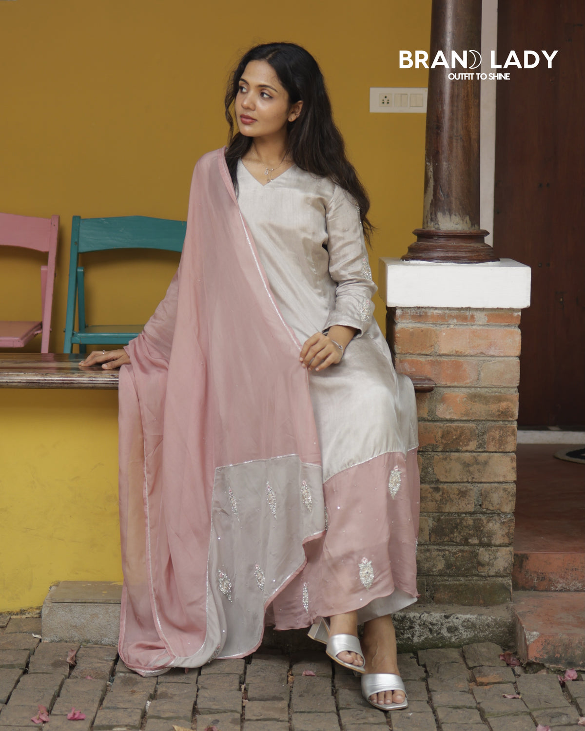 Dove Grey & Blush Pink A-line Suit with Silver Handwork