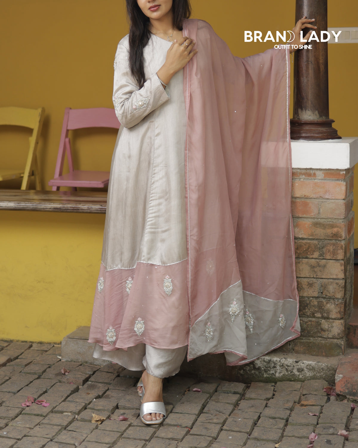 Dove Grey & Blush Pink A-line Suit with Silver Handwork