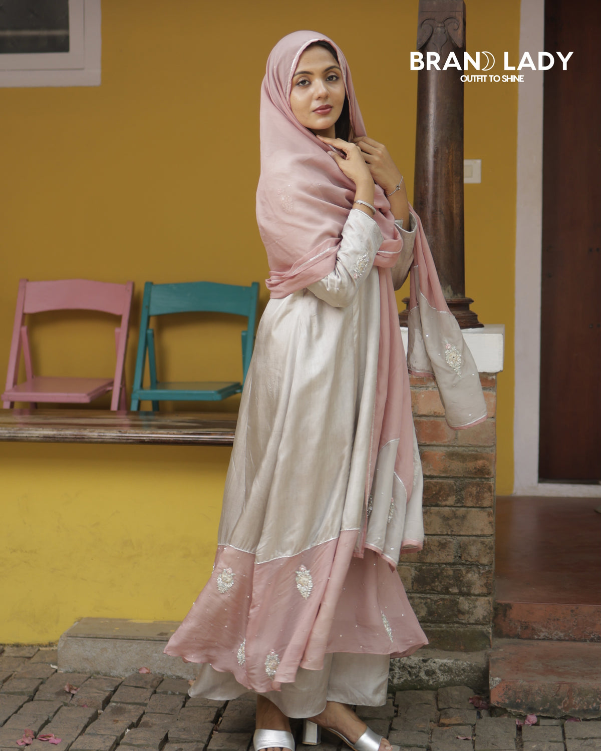 Dove Grey & Blush Pink A-line Suit with Silver Handwork