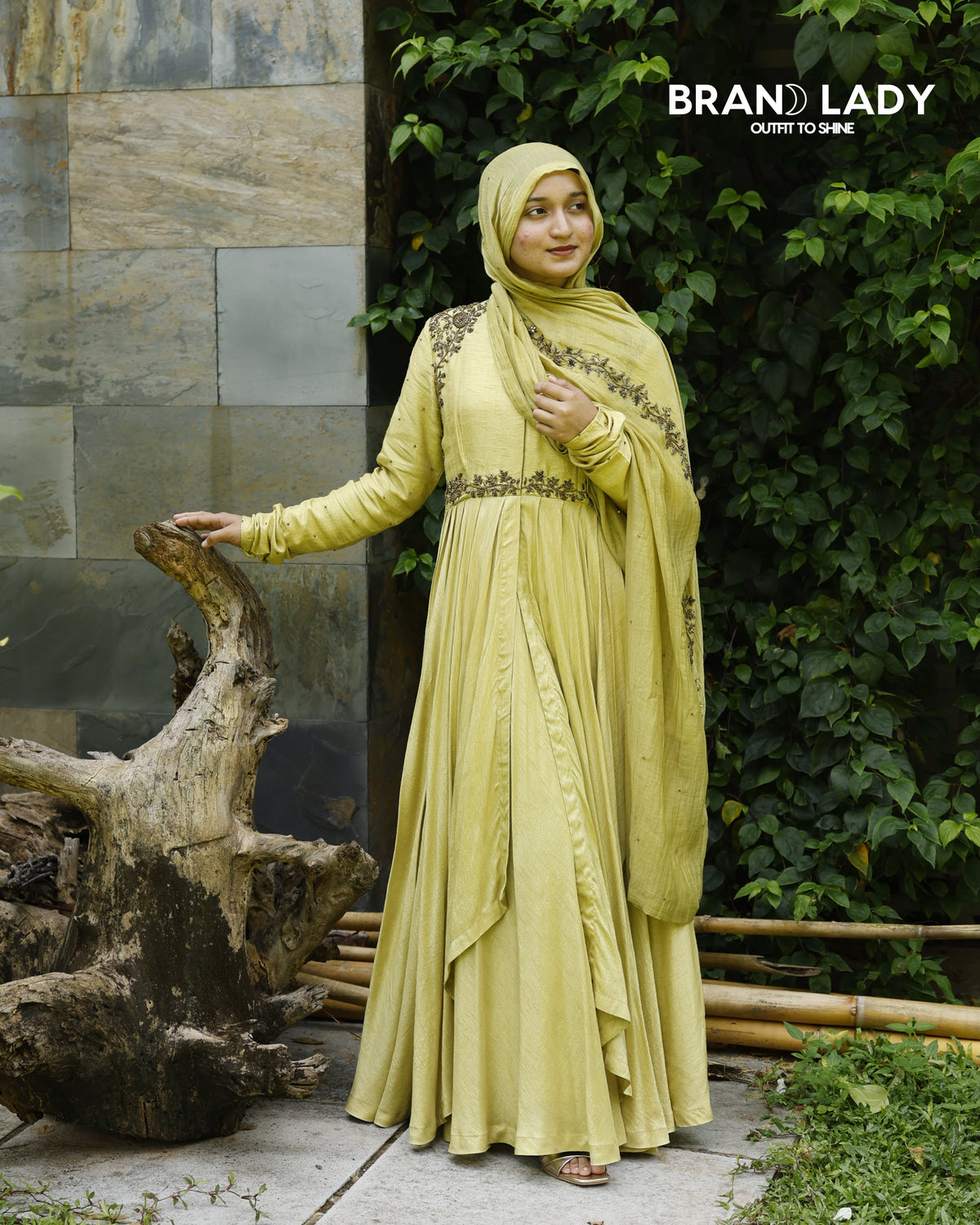 Green Sheen Dola Silk Gown with Antique Handwork
