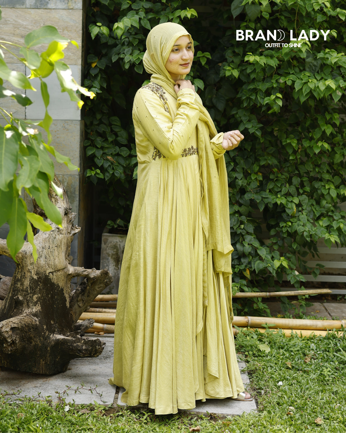 Green Sheen Dola Silk Gown with Antique Handwork
