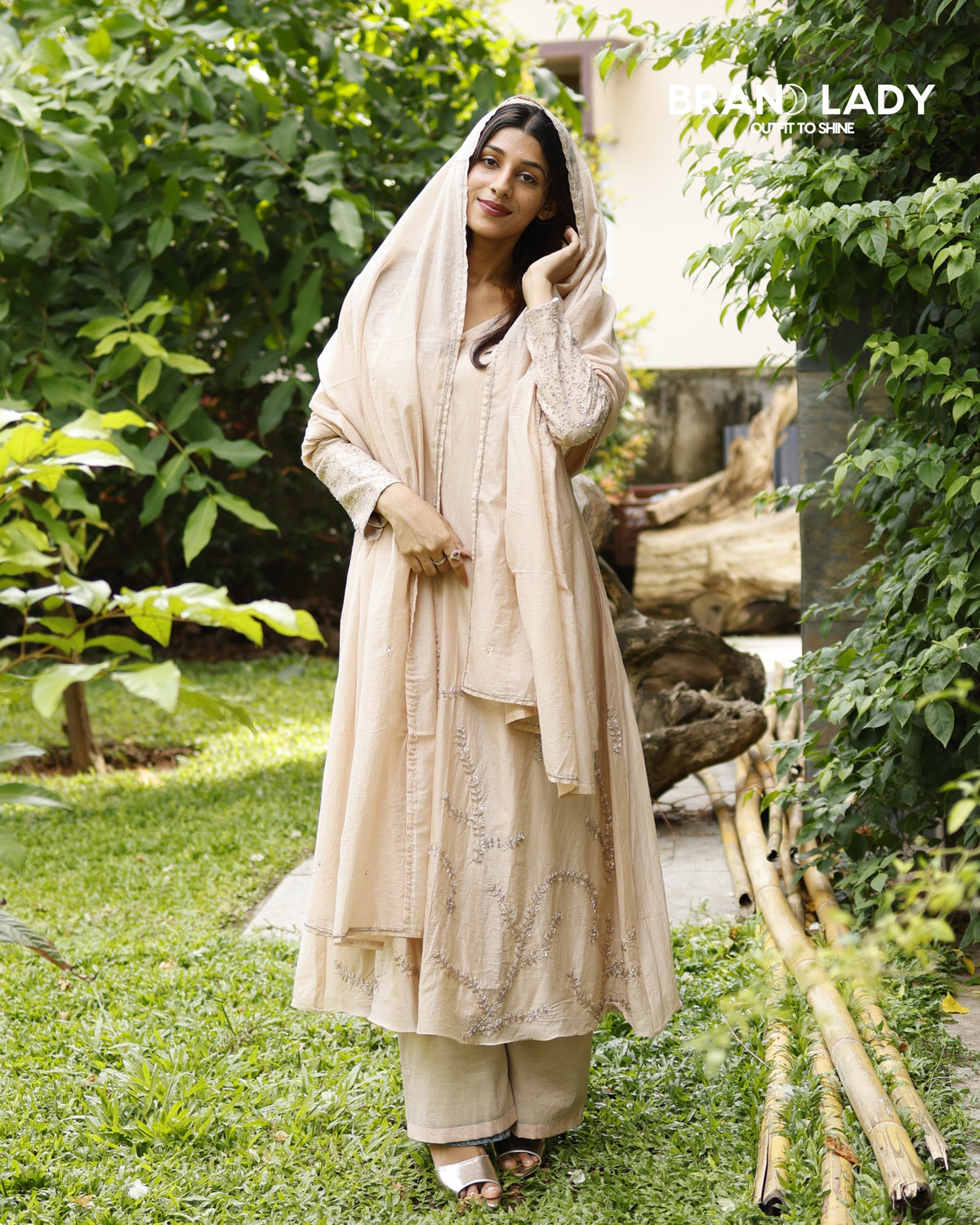 Honey Peach Chanderi A-line Suit with Rainbow Handwork