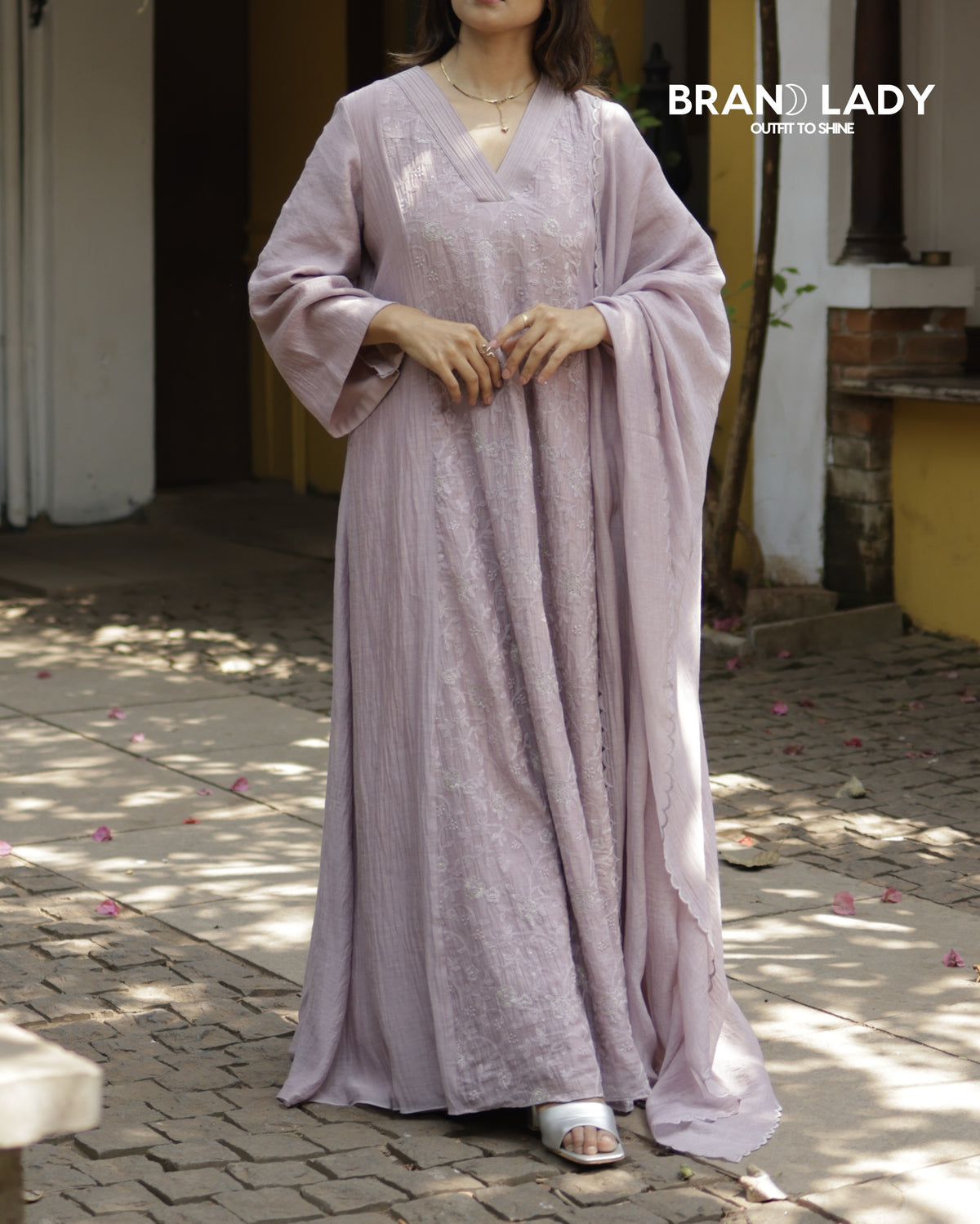 Lavender Fog Chanderi A-line Top with Embroidered Dupatta