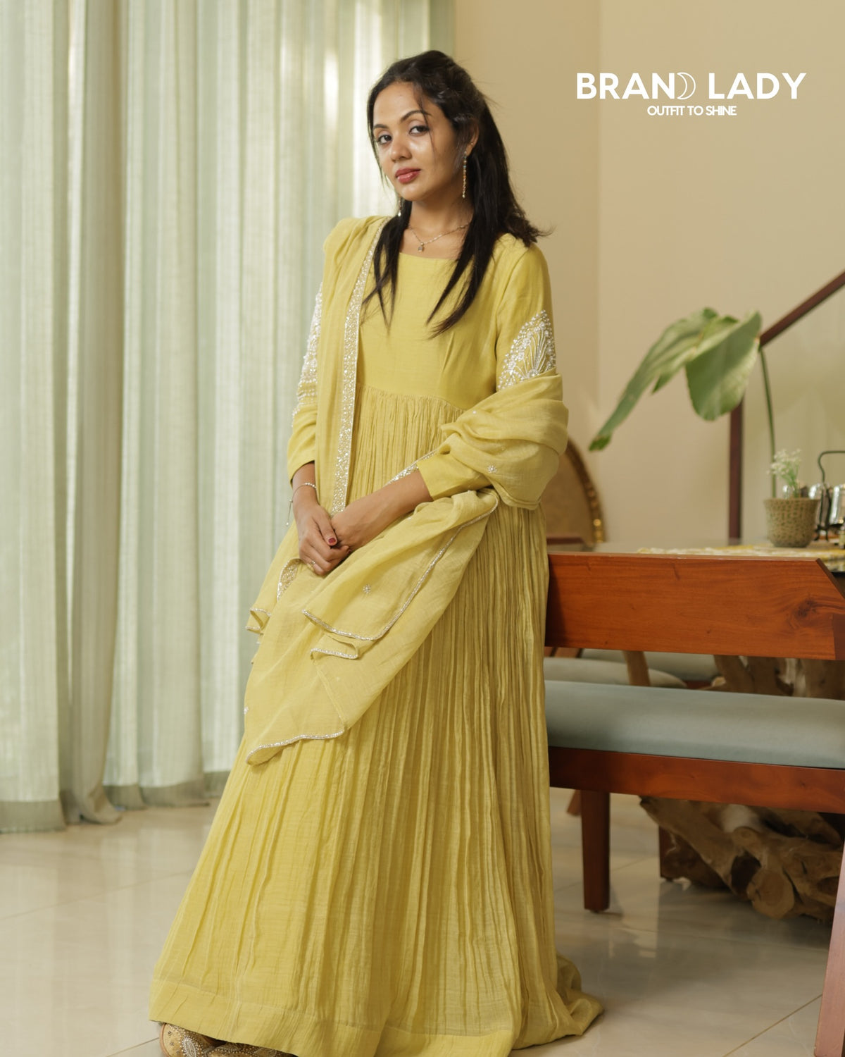 Light Mustard Yellow Chanderi Gathered Frock with Beadwork