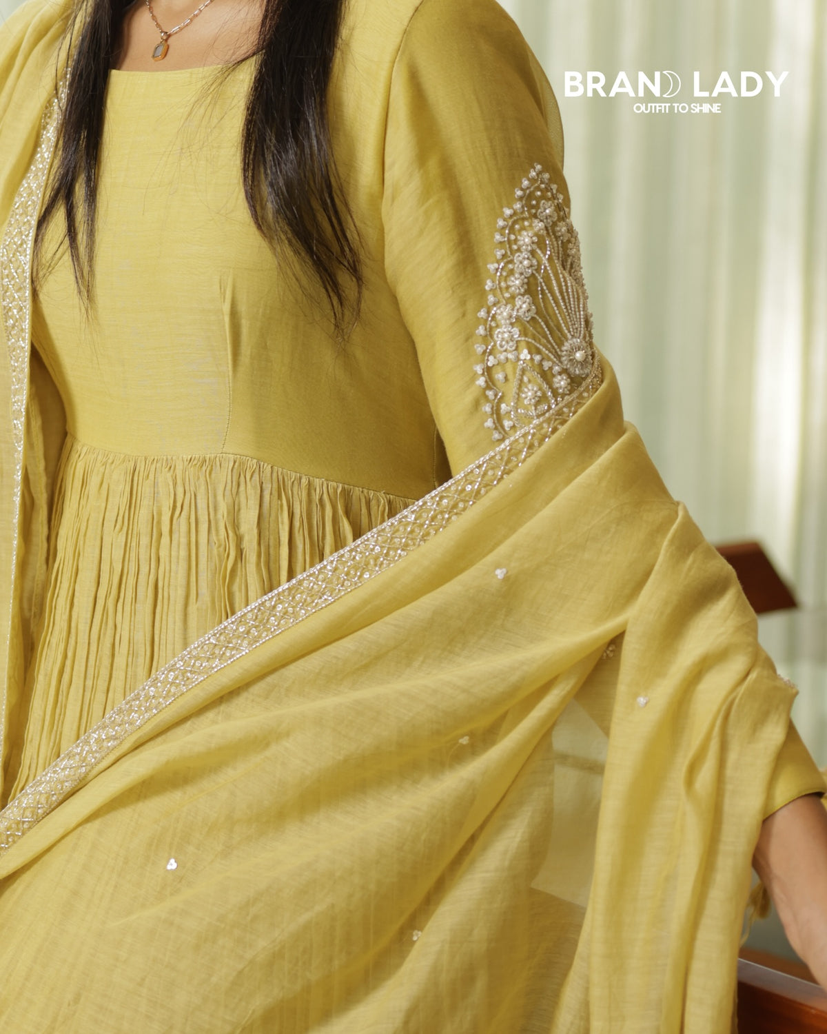 Light Mustard Yellow Chanderi Gathered Frock with Beadwork