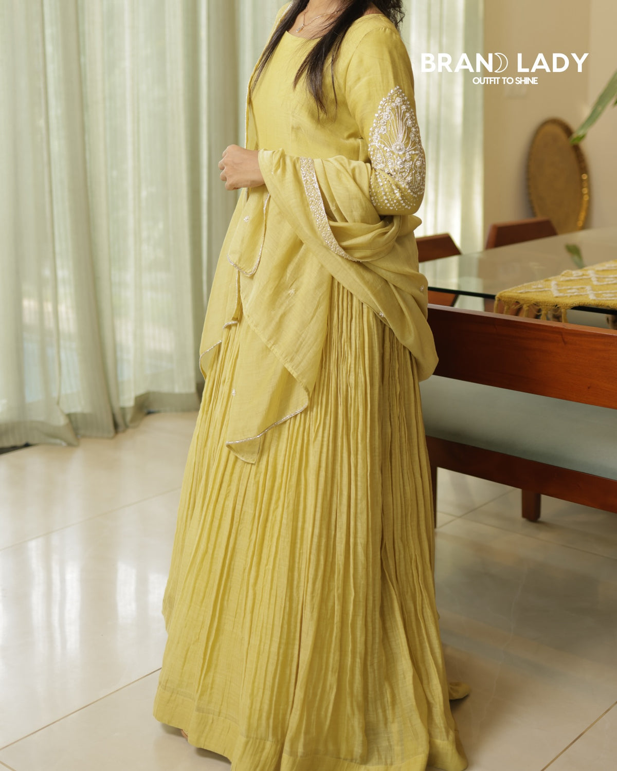 Light Mustard Yellow Chanderi Gathered Frock with Beadwork