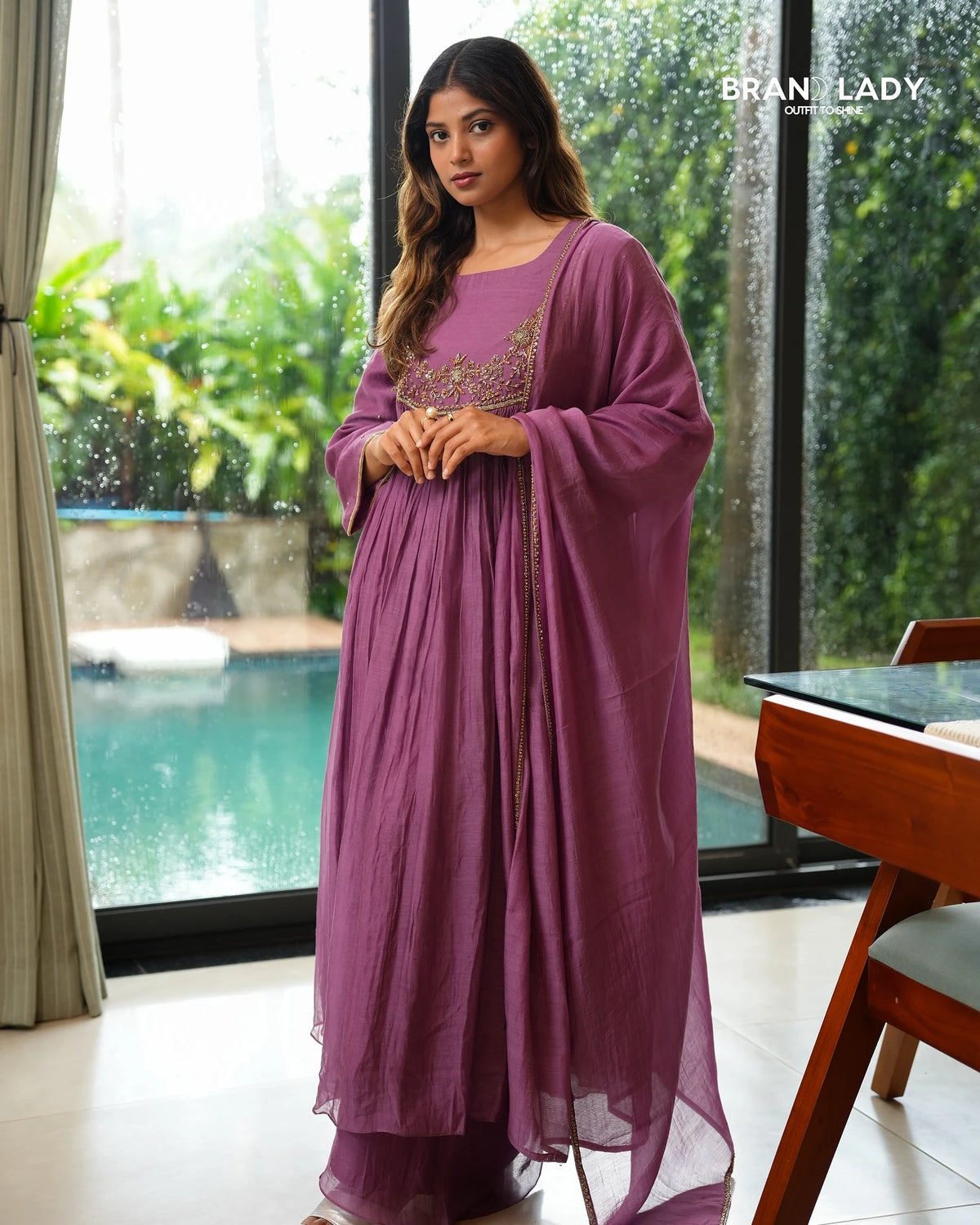 Mauve Chanderi Gathered Yoke Suit with Zardosi Work